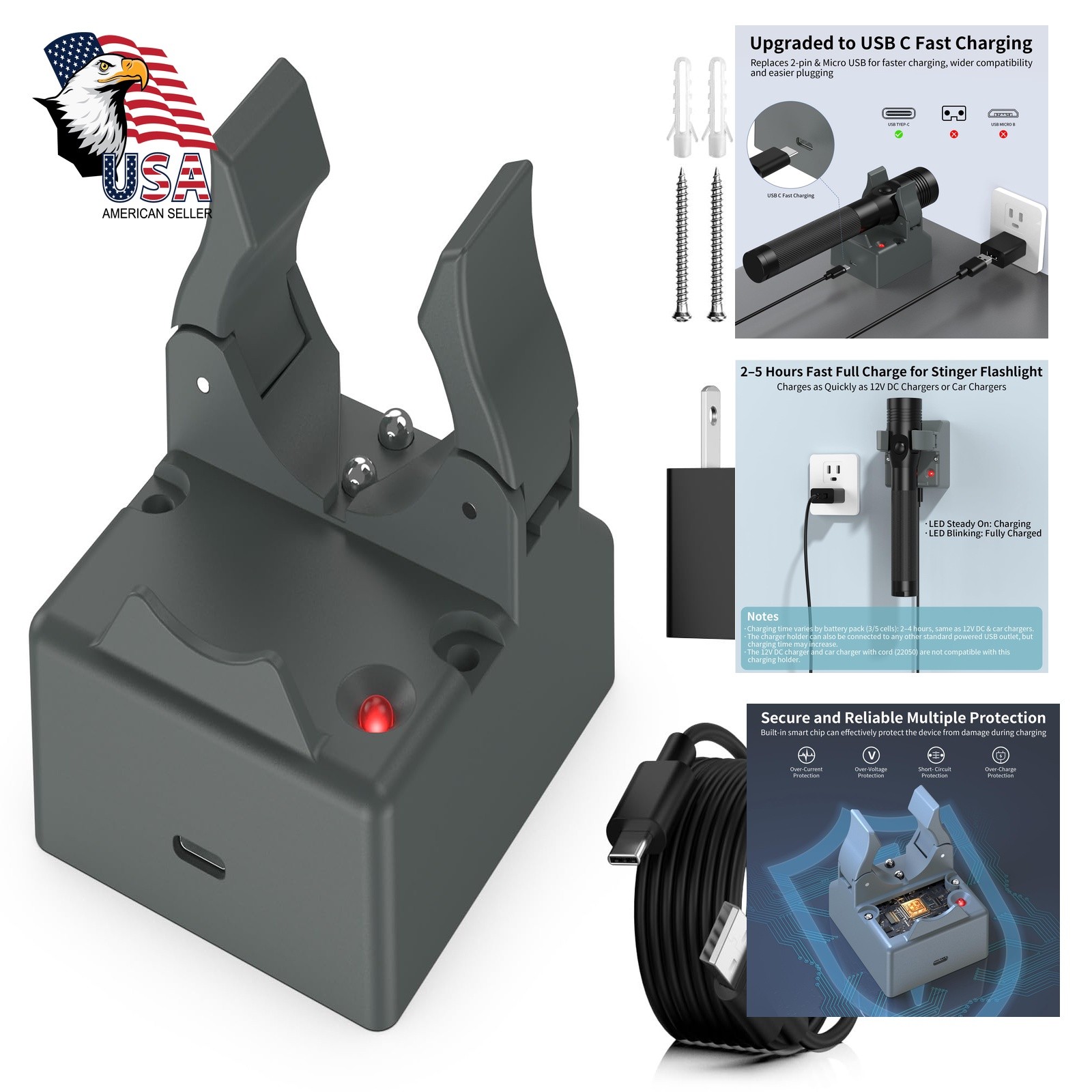 Lakdun USB-C Charger Holder Streamlight Stinger Grey