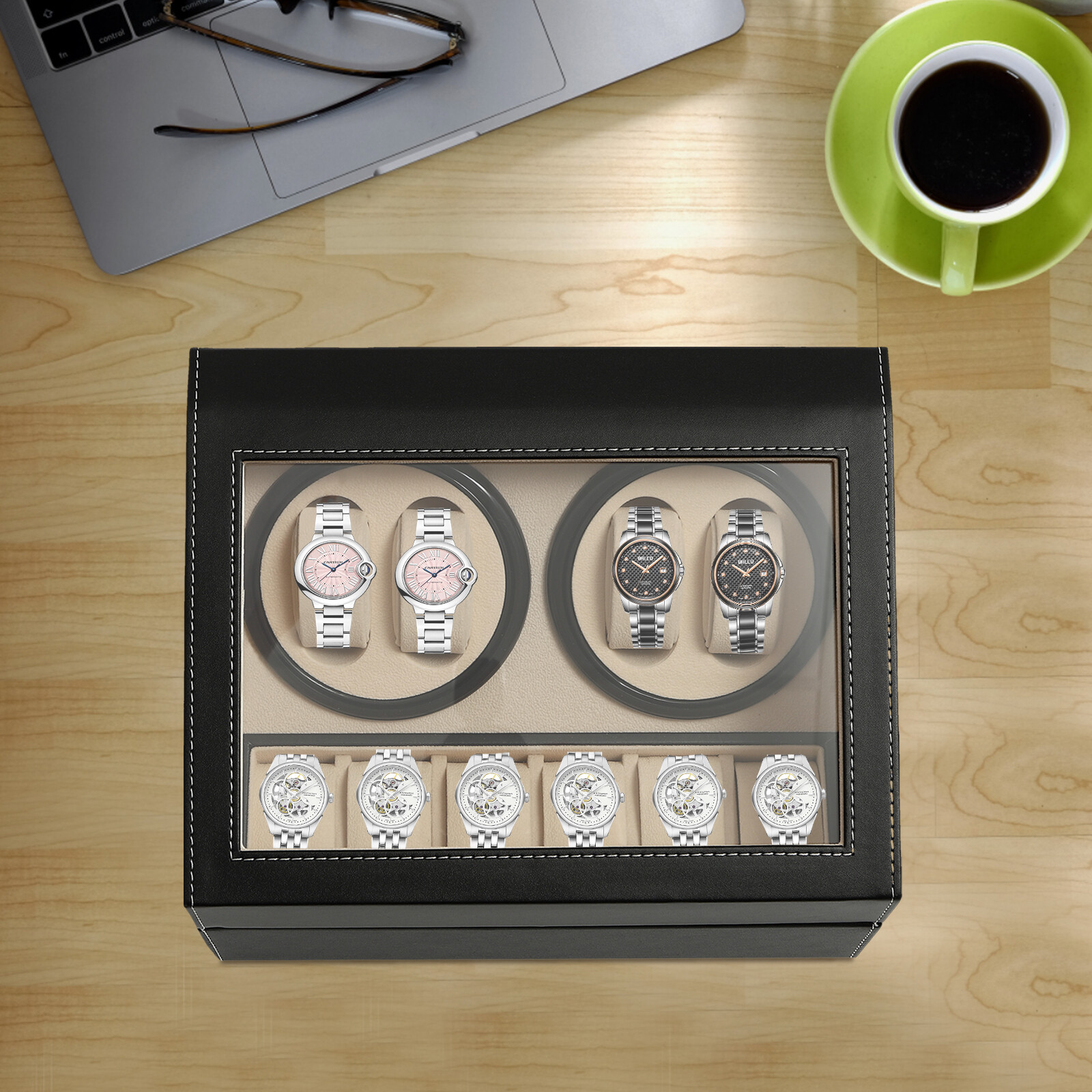4+6 Luxury Automatic Rotation Watch Winder Leather Storage Case Display Box Gift
