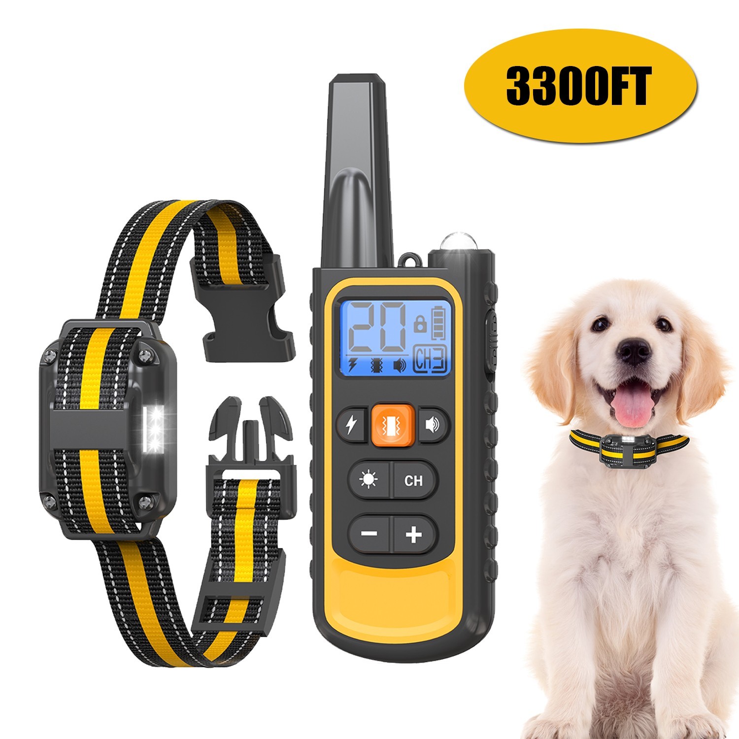 3300FT Dog Training Collar with Remote IP67 Waterproof Rechargeable Pet E-Collar