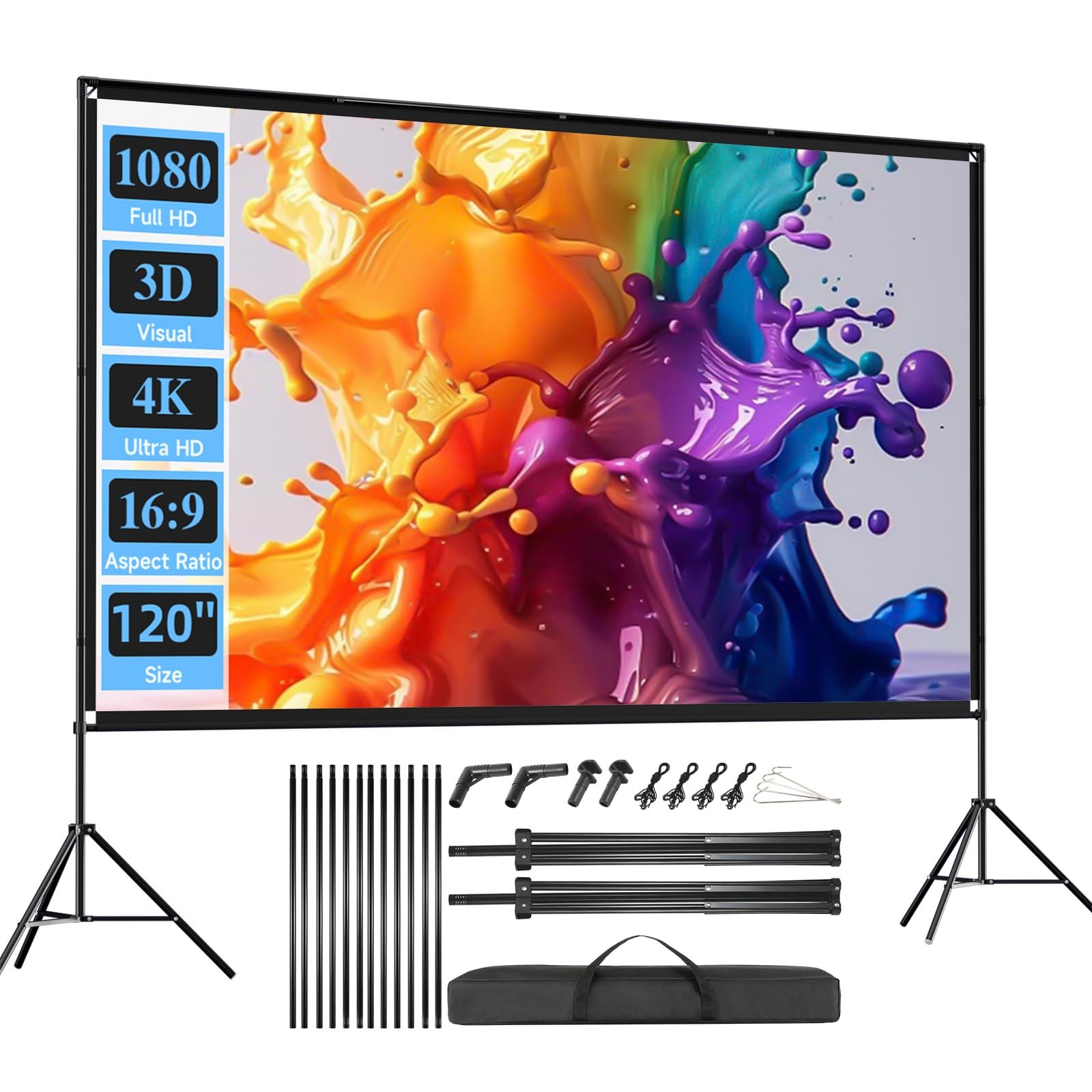 Outdoor Projector Screen with Stand, 120 inch Foldable Projector Screens with...