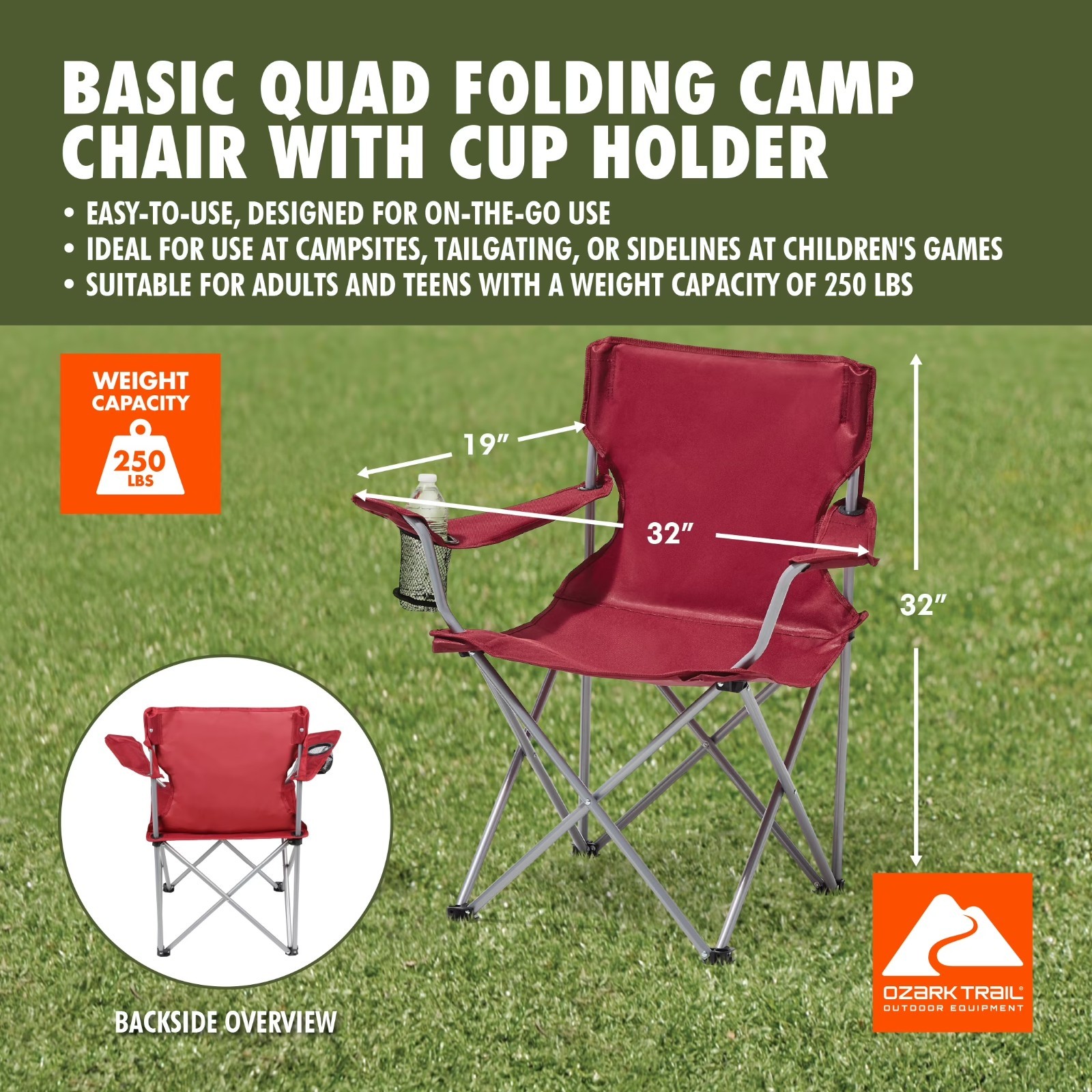 Ozark Trail Quad Folding Camp Chair with Cup Holder, Red.