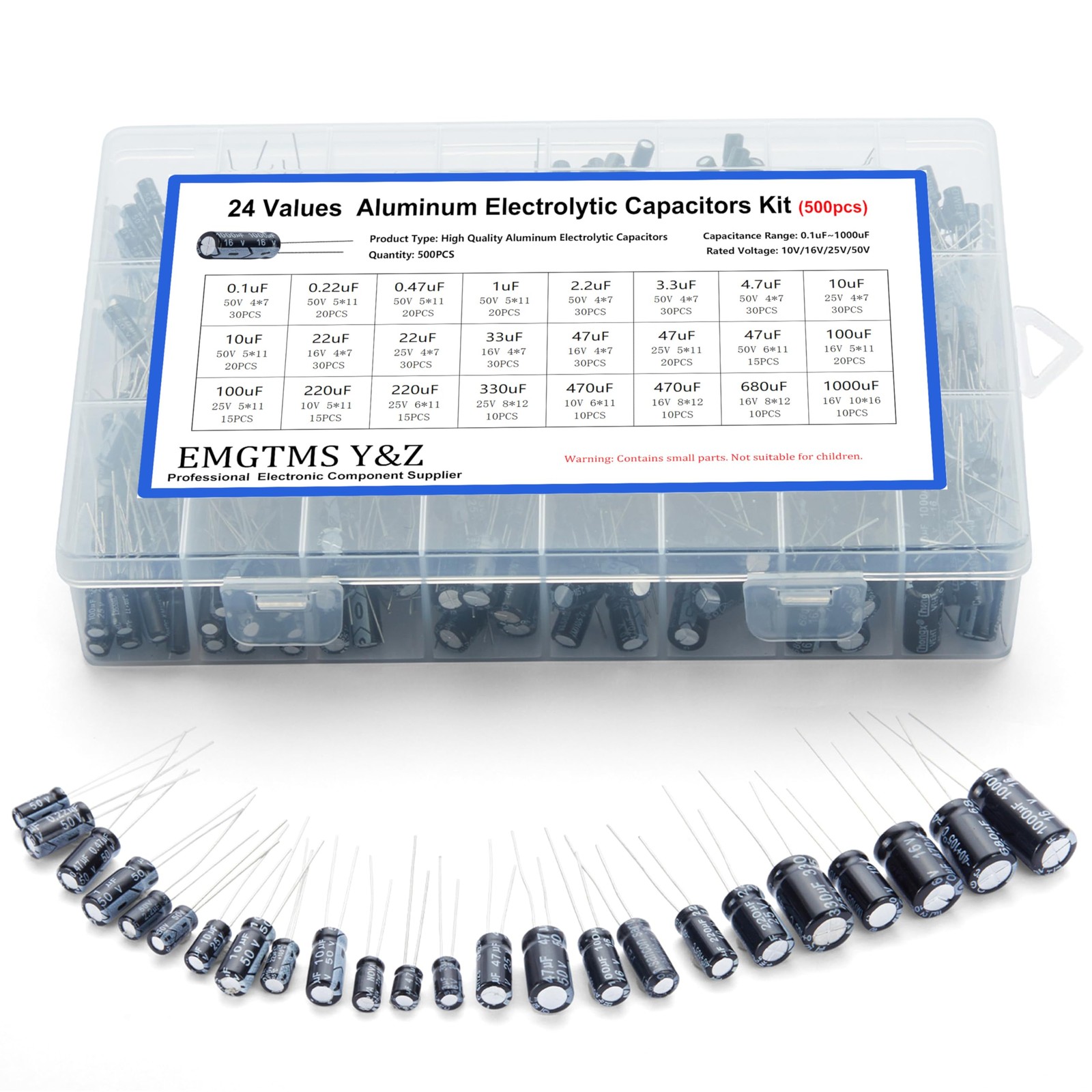 Electrolytic Capacitor Assortment Kit 500pcs 24 Values 0.1uF-1000uF 10V-50V