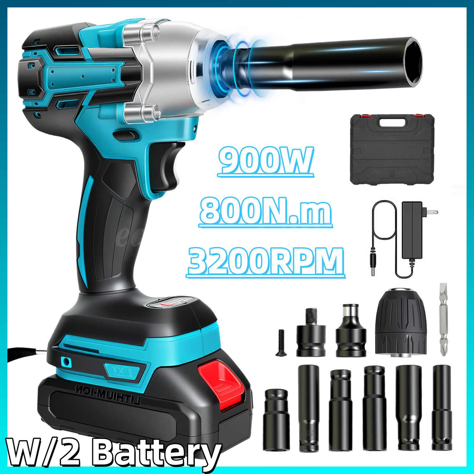 Cordless Electric Impact Wrench Gun 1/2" High Power Driver with 2*3.0Ah Battery