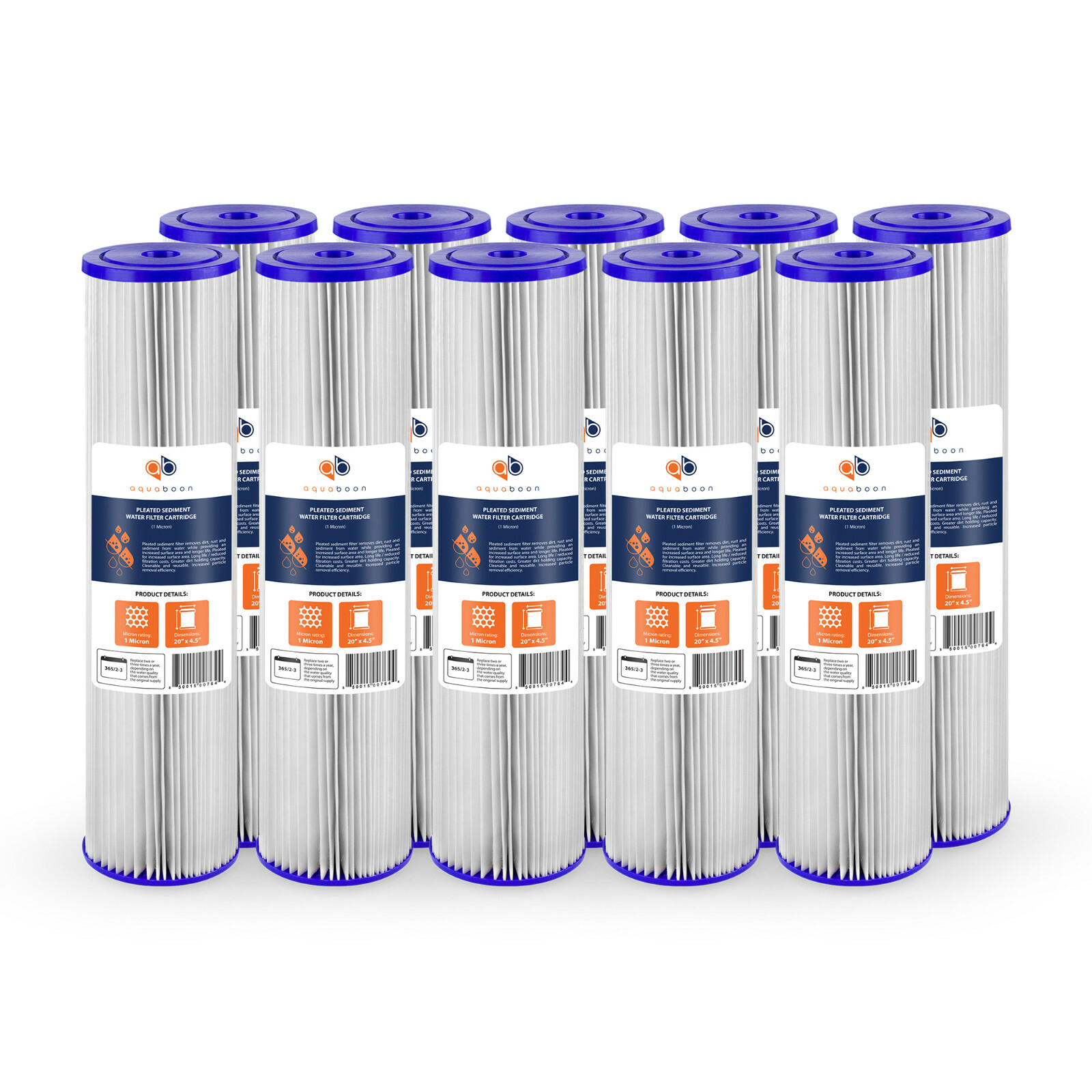 10PK of Big Blue 1µm Pleated Washable Sediment Water Filter 20"x4.5" by Aquaboon
