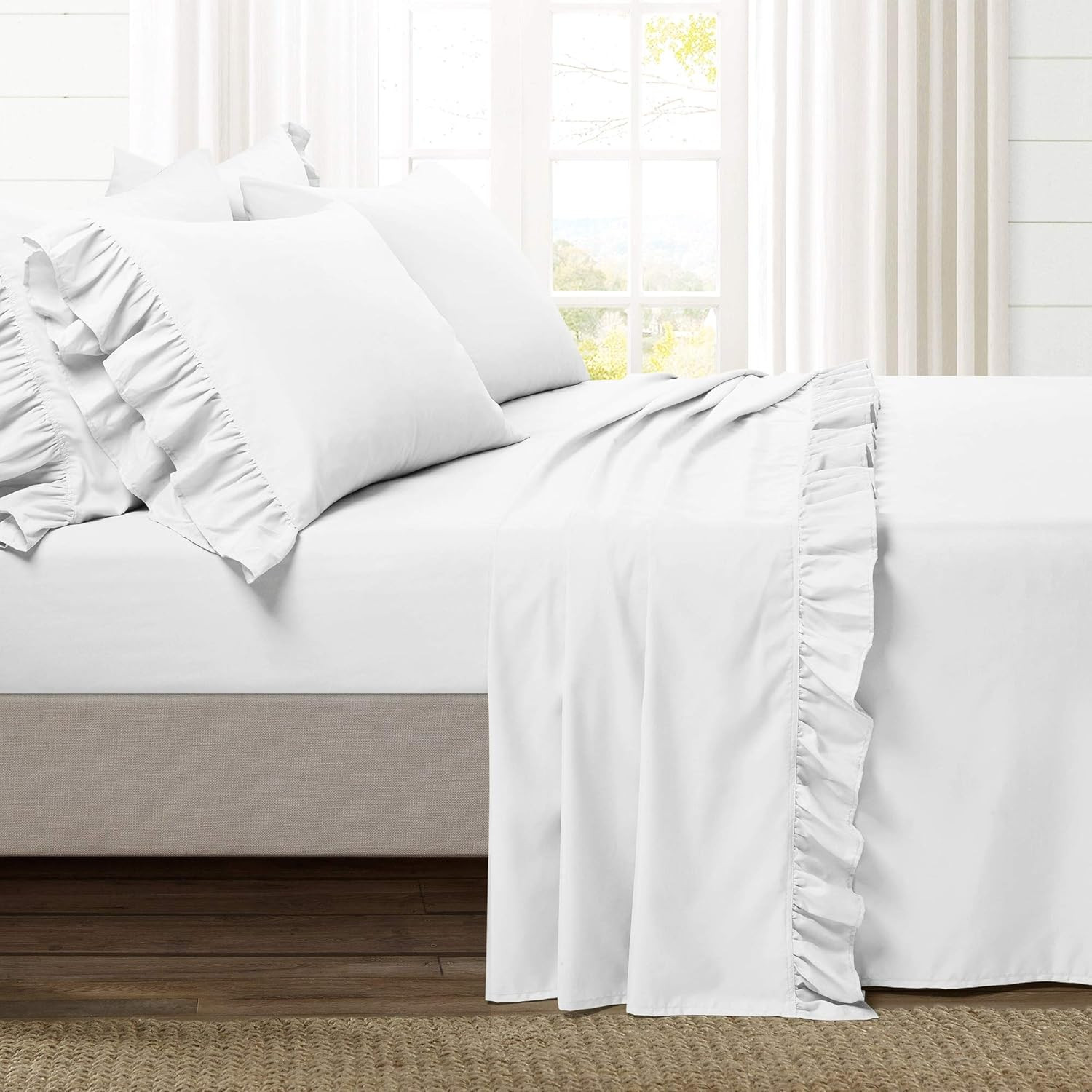 Reyna Ruffle Sheet Set, 6 Piece Set, Queen, White - Soft & Comfortable Sheets wi