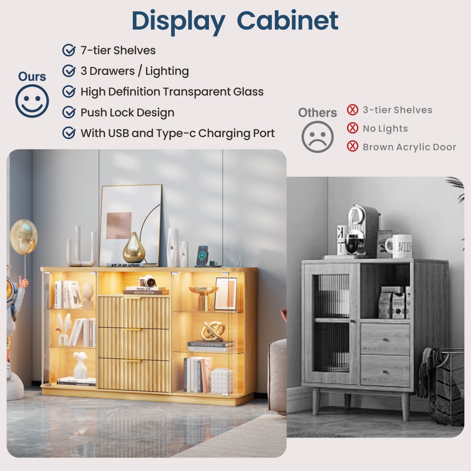 Rounded Display Cabinet with Glass Doors, Curio Cabinet with Human Body Sensor