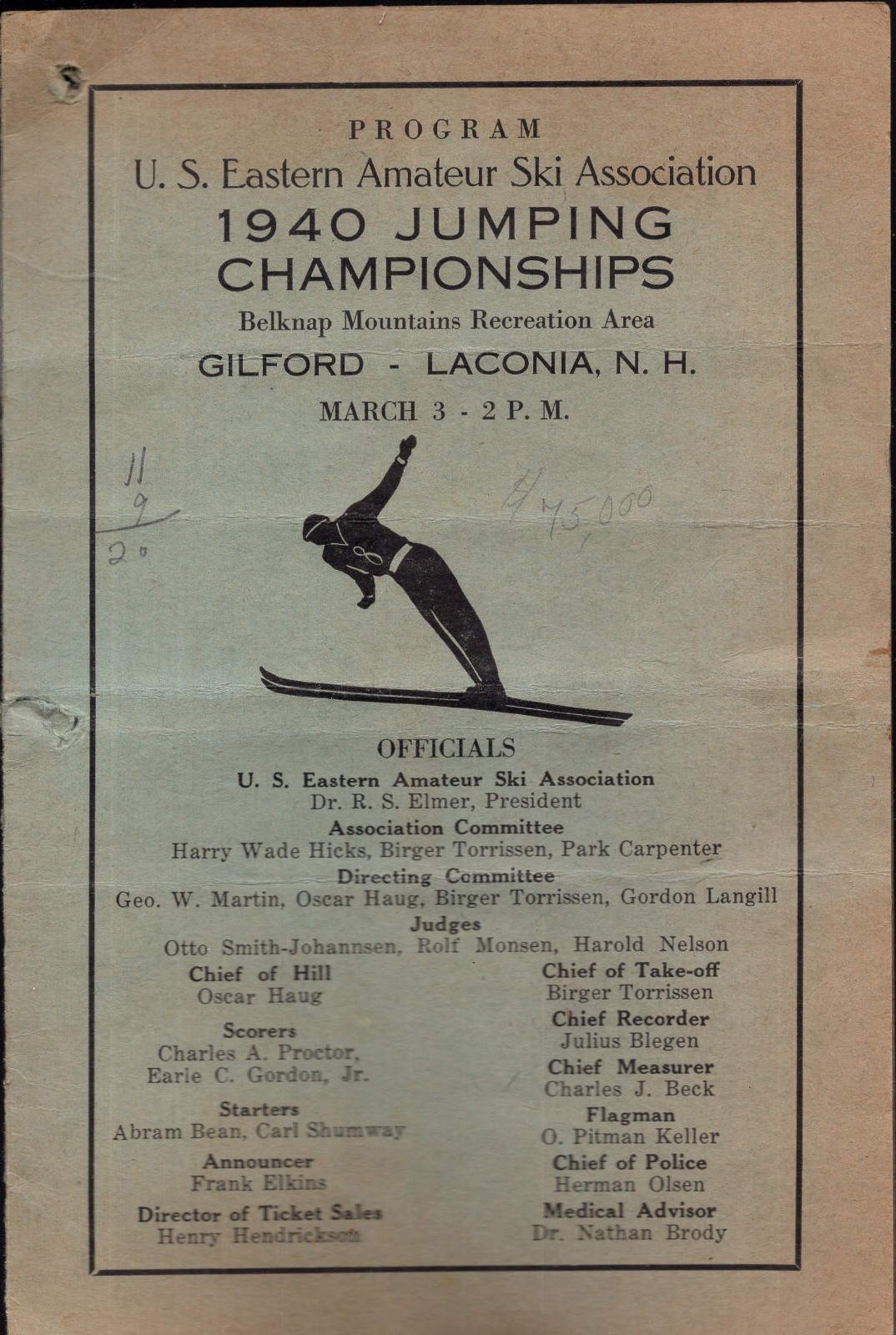 1940 Eastern Amateur Ski Assoc. Jumping Championship Program Gilford Laconia NH