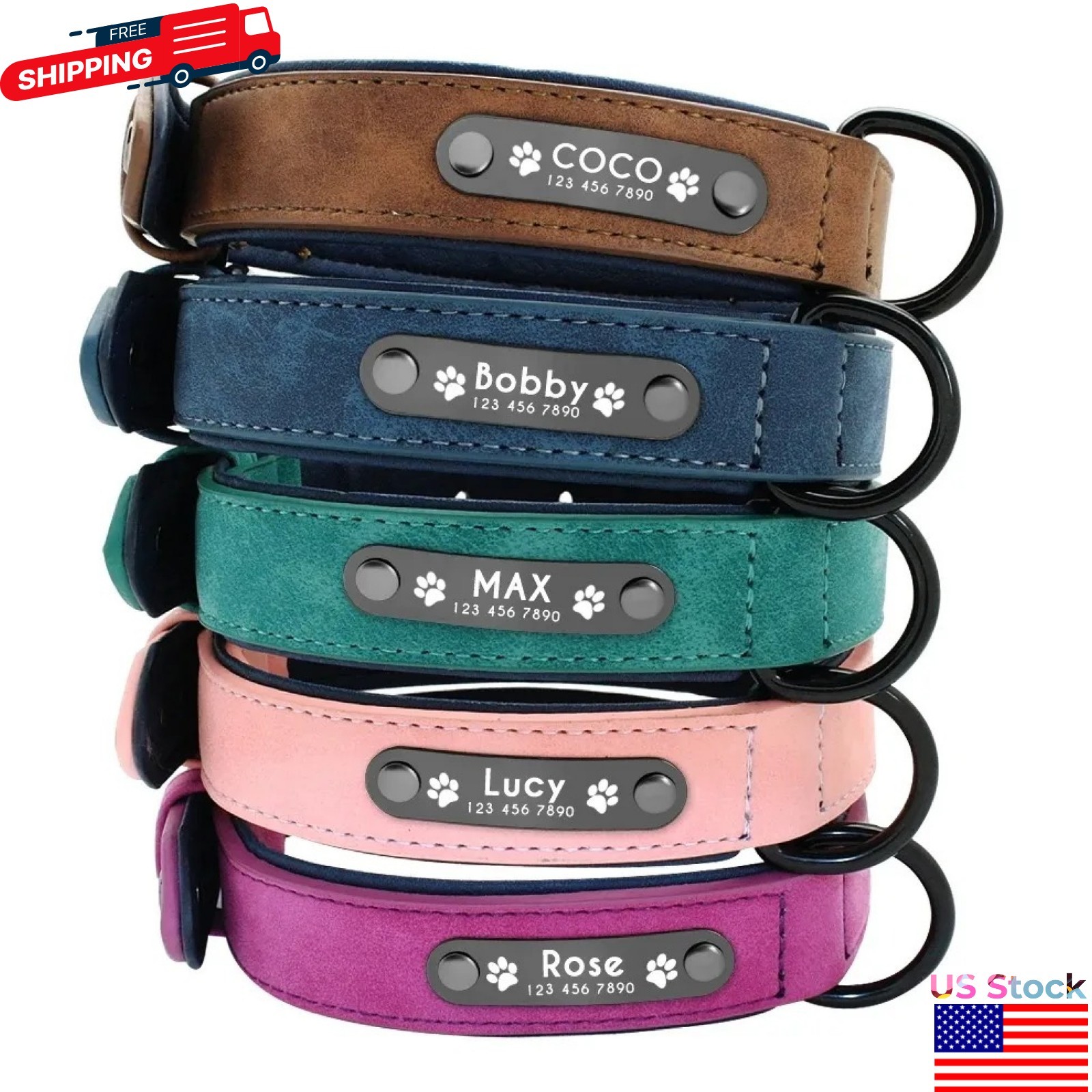 Soft Leather Personalized Dog Collar ID Tag Engraved for Small Medium Large Dogs