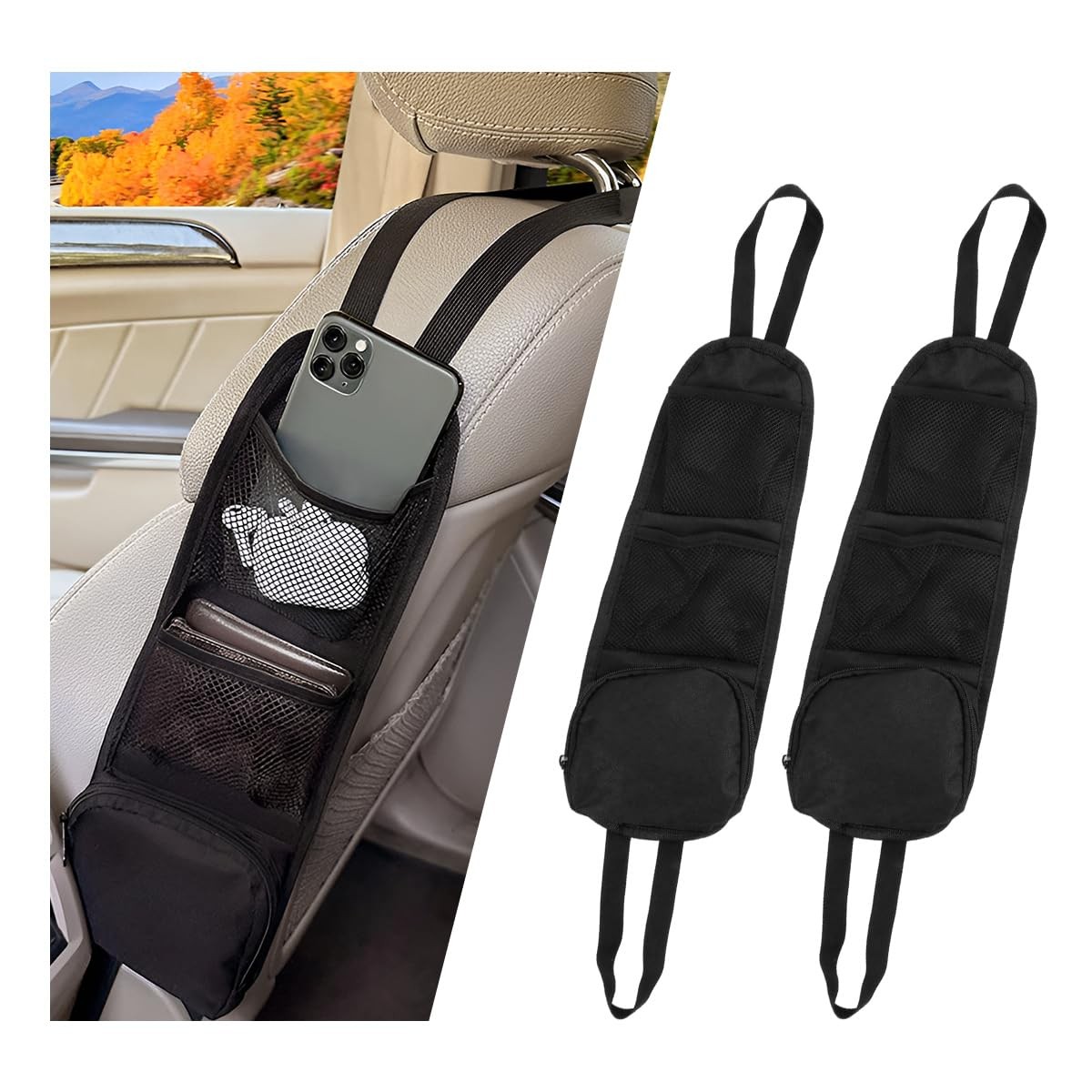 2 PCS Car Seat Side Organizer, Front Seat Side Hanging Bag with Mesh Net Pock...
