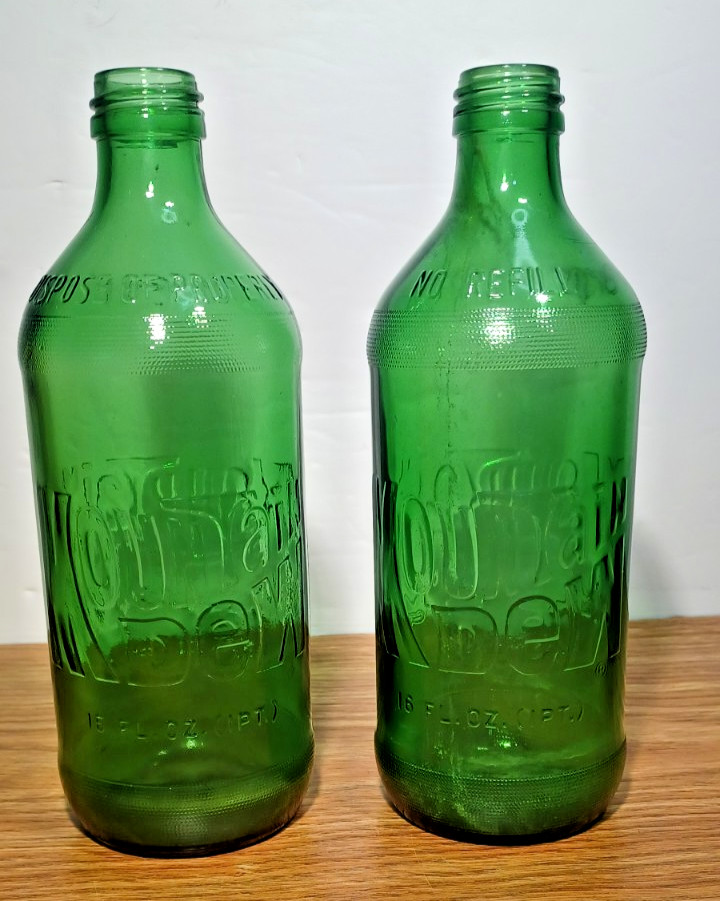 Mountain Dew 1970's Green Glass Bottle Vintage 16oz Raised Letters LOT OF TWO 2