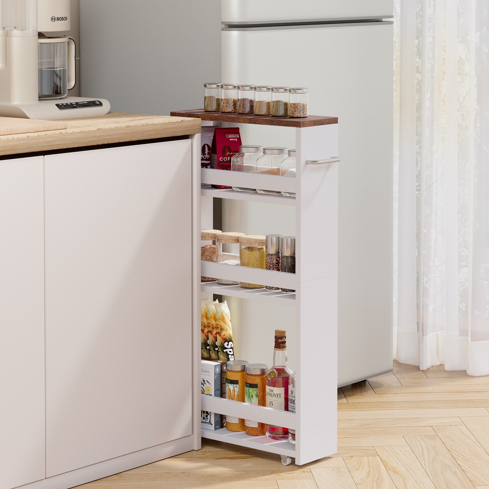 Slim Rolling Cart 4-Tier Storage Cart with 4 Wheels & Handle for Kitchen White