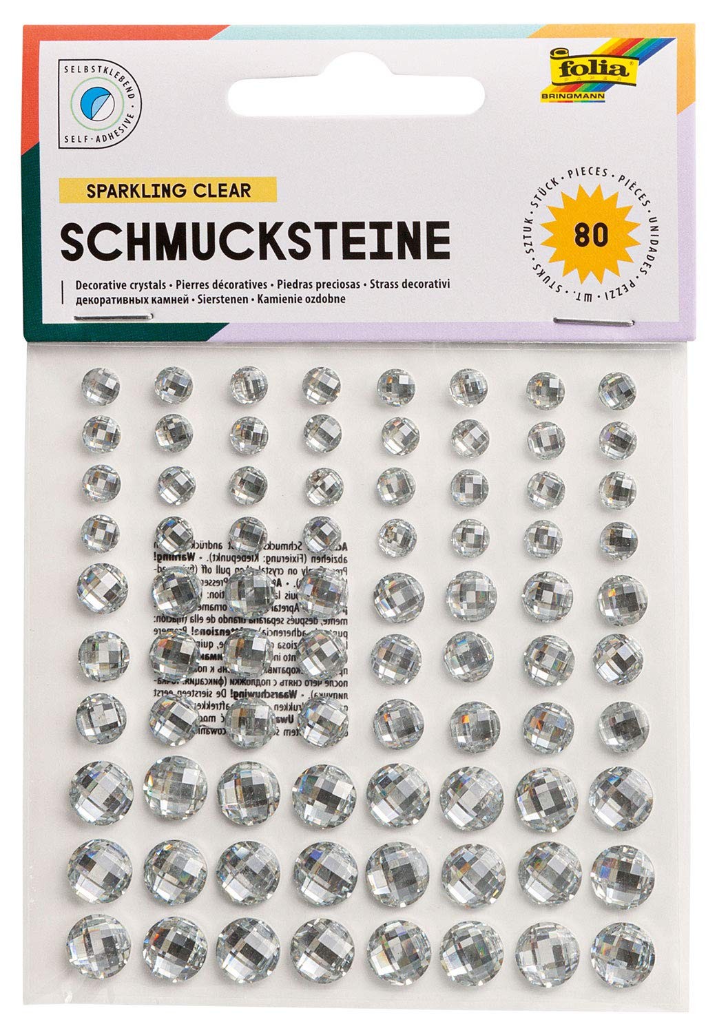 folia 12305 Decorative Gemstones Sparkling Clear, Self-Adhesive, 80 Pieces, with