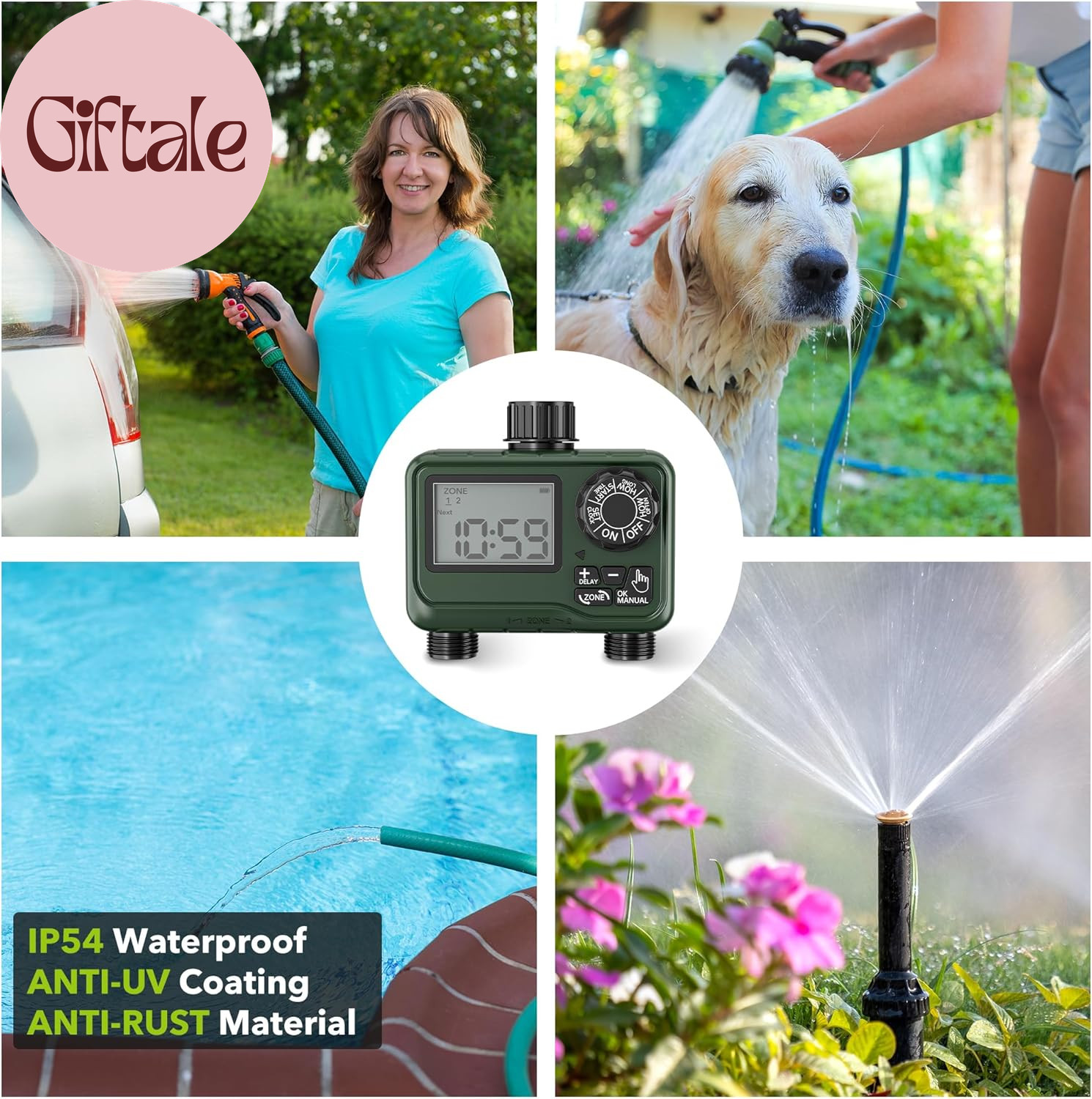 Sprinkler Timer Outdoor - 2 Zone Programmable Water Timer with Rain Delay, Autom