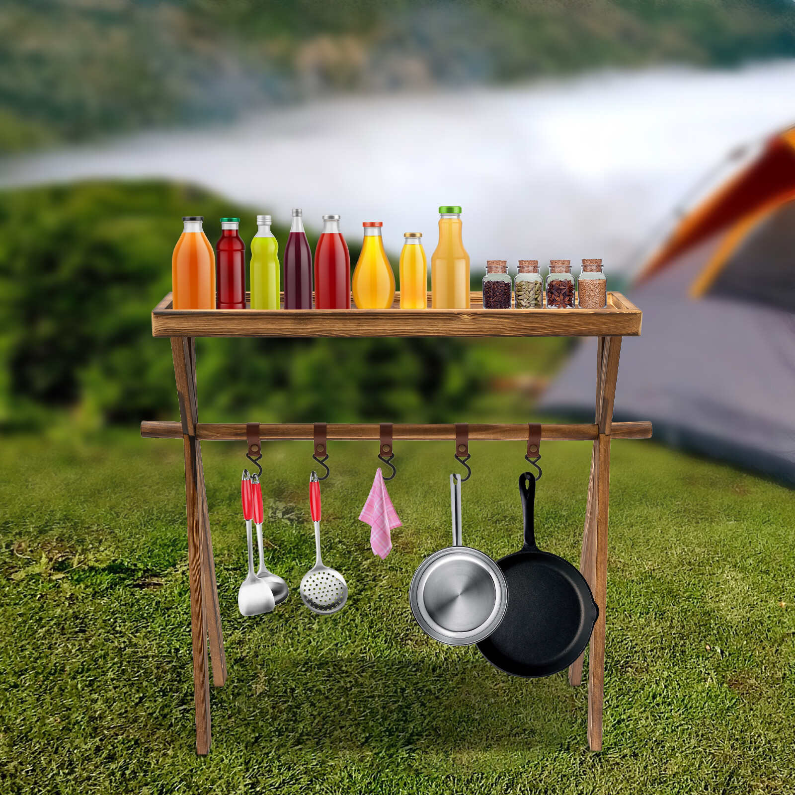 Removable Portable Camping Picnic Rack Cookware Hanging Rack w/ 5 Holders