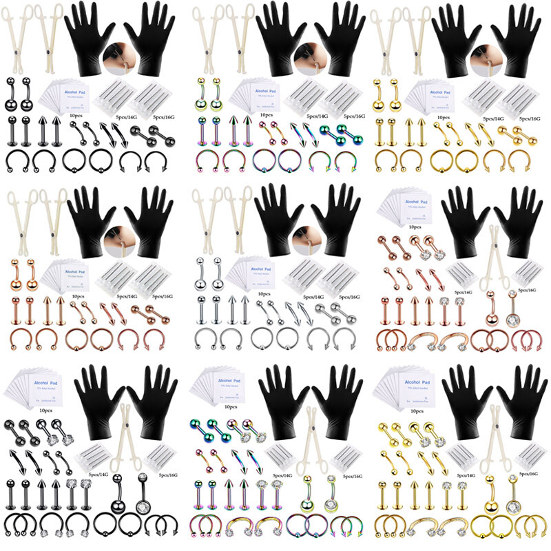 47Pcs Professional Piercing Kit Stainless Steel Navel Eyebrow Nose Needles Set