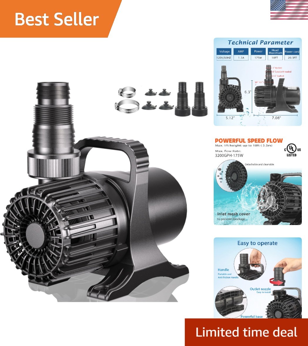 3200GPH-175W, listed High Flow Large Fountain Submersible Water Pond Sump Pum...