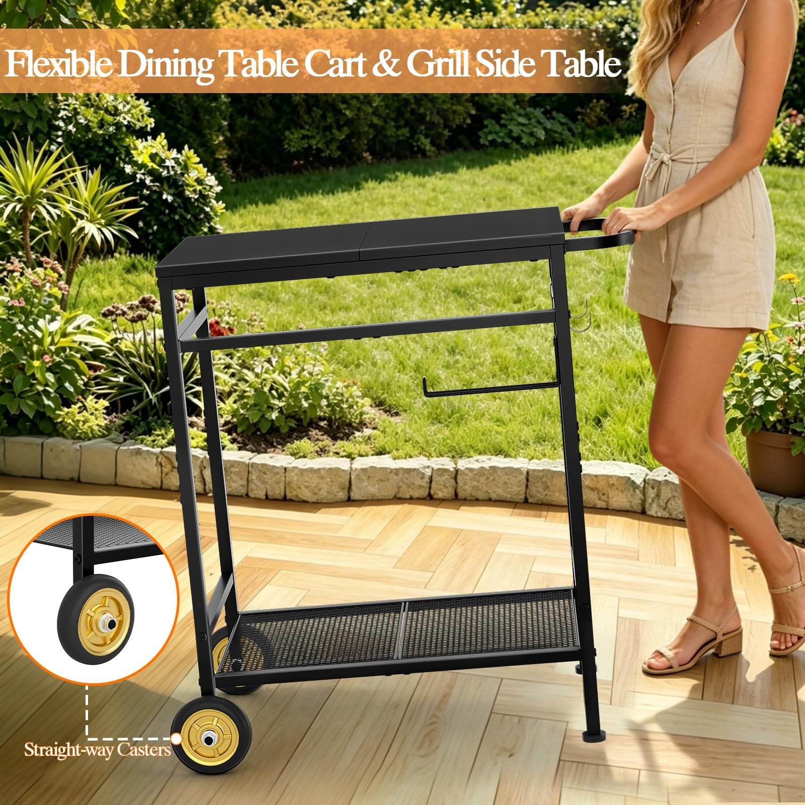 2-Tier Outdoor Grill Table with Wheels, Movable BBQ Prep Station, Rust-Resistant