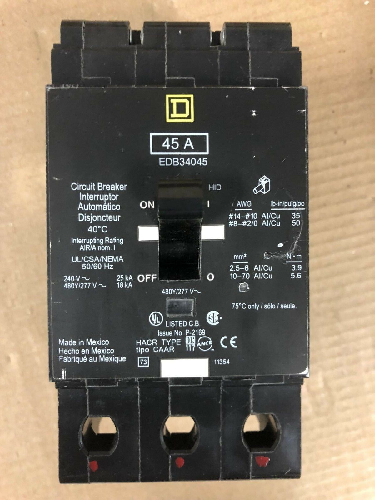 Square D EDB EDB34045 3 Pole 45 Amp 480V Circuit Breaker