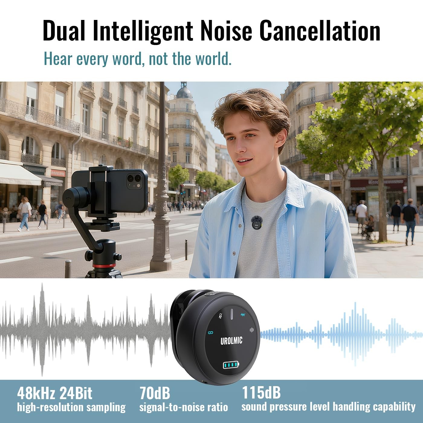Wireless Lavalier Microphone, 40-Hour Battery, 55m Range, Magnetic Clip