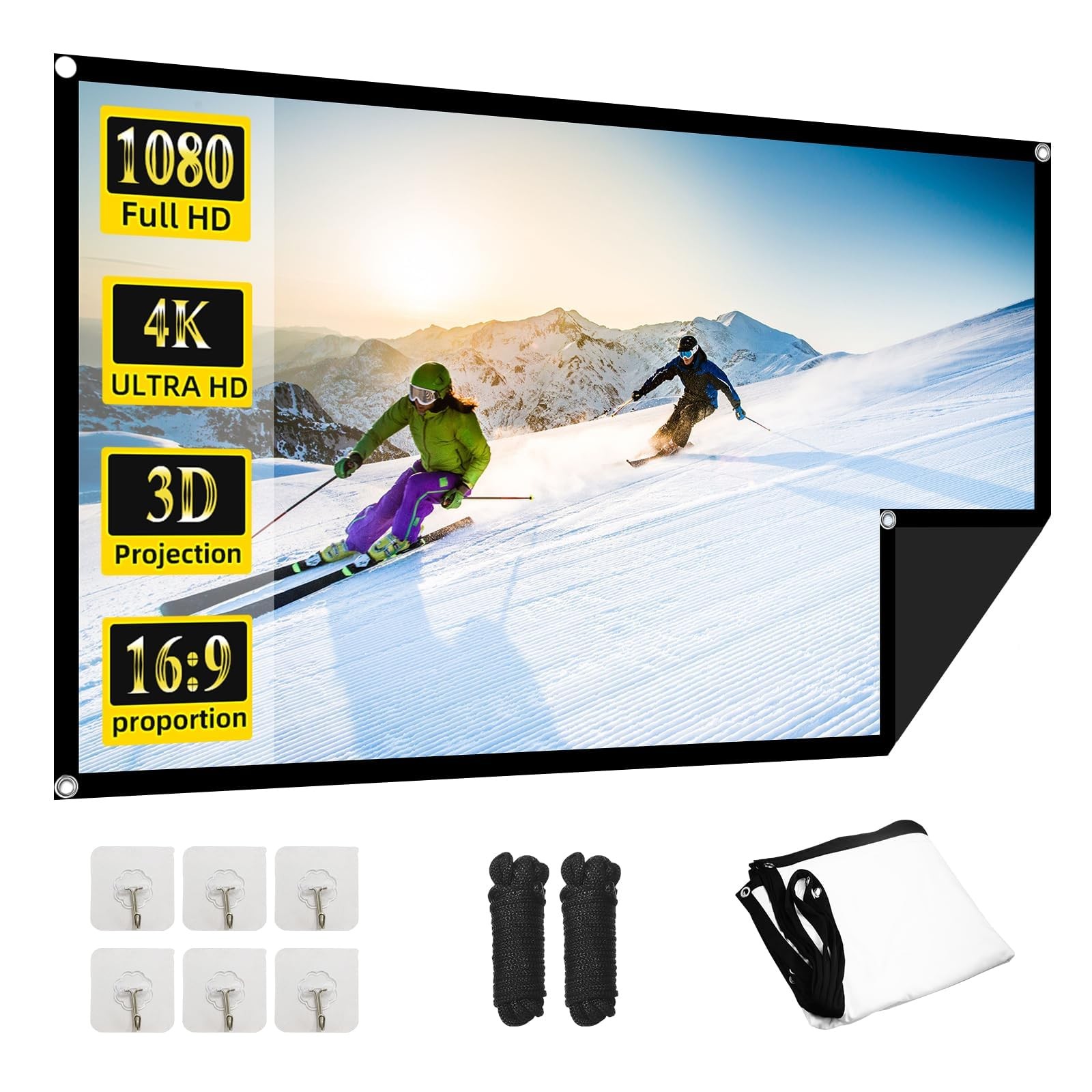 60 Inch Projector Screen, 4K 16:9 HD Portable Black Backing Movie Screen, Ant...