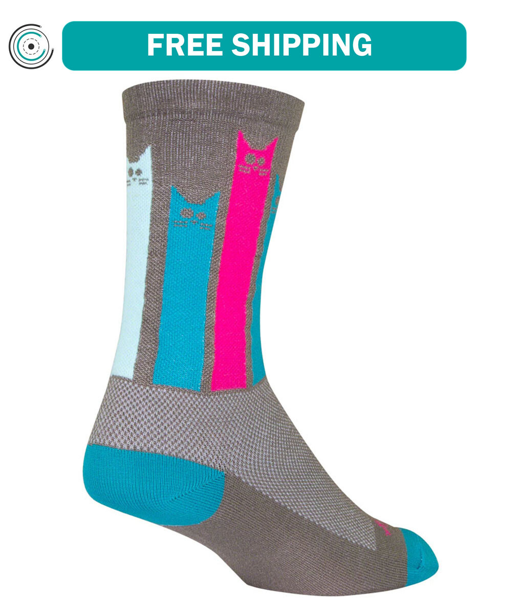 SockGuy Crew Felines Socks 6 inch Gray Pink Teal Small Medium Synthetic