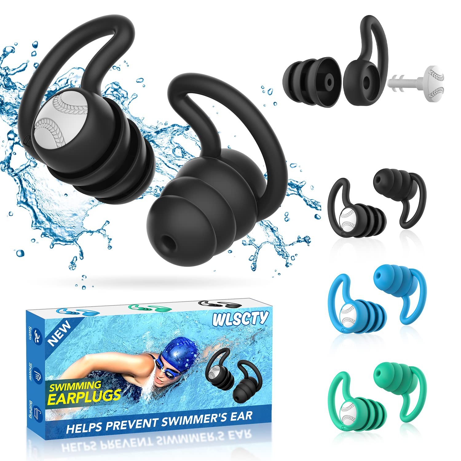 Swimming Ear Plugs Waterproof Earplugs 1 pair (Pack of 3), Black, Green, Blue