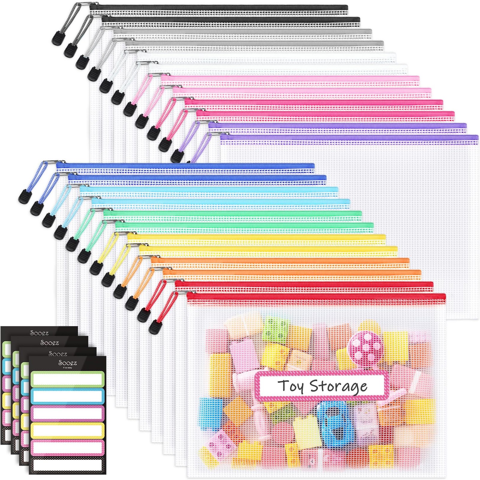 24 Pack Mesh Zipper Pouch with Sticky Labels, A4 Mesh Bags Organizer