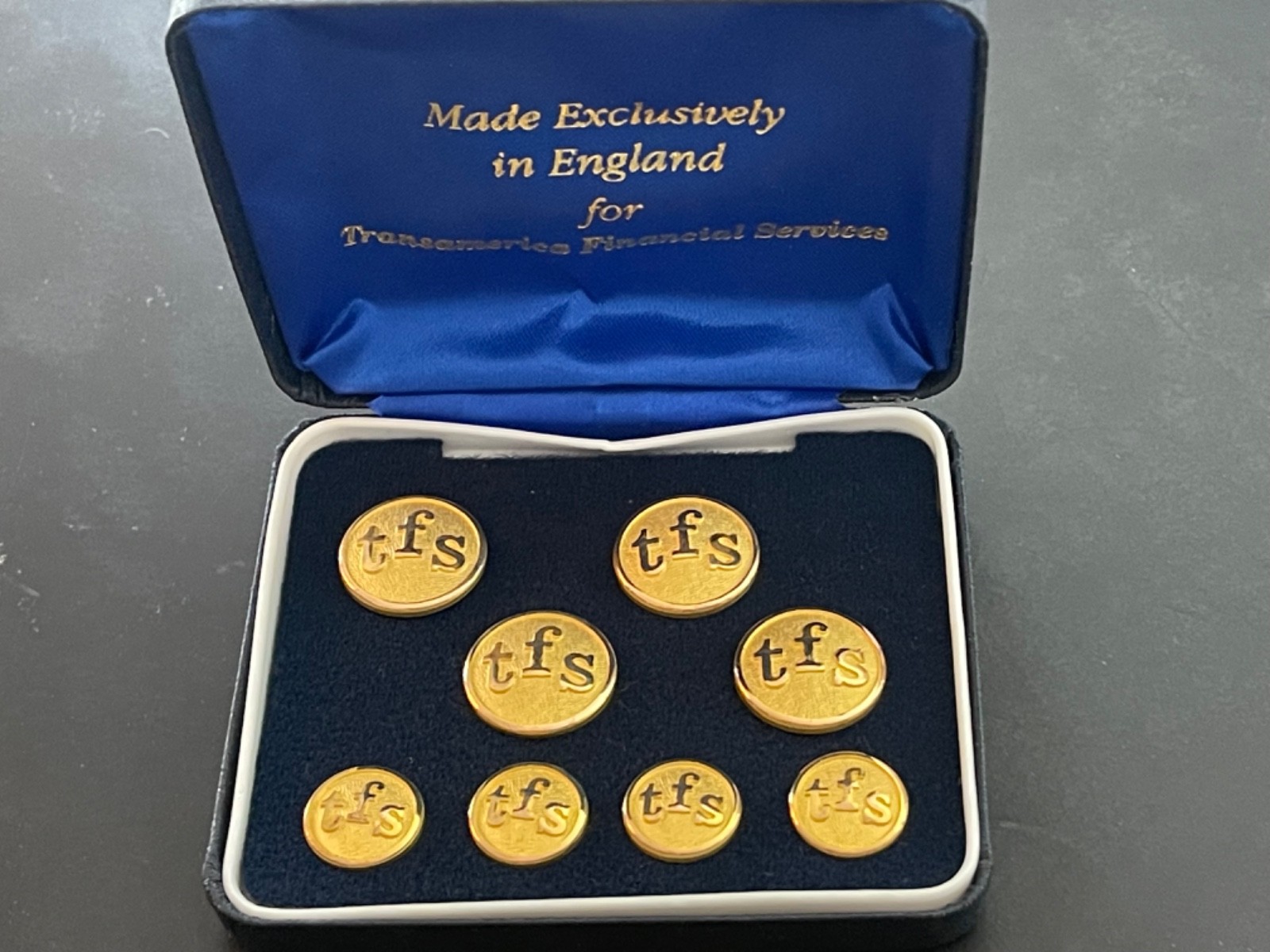 Brass Buttons & Cufflinks with Transamerica Financial Services Initialing