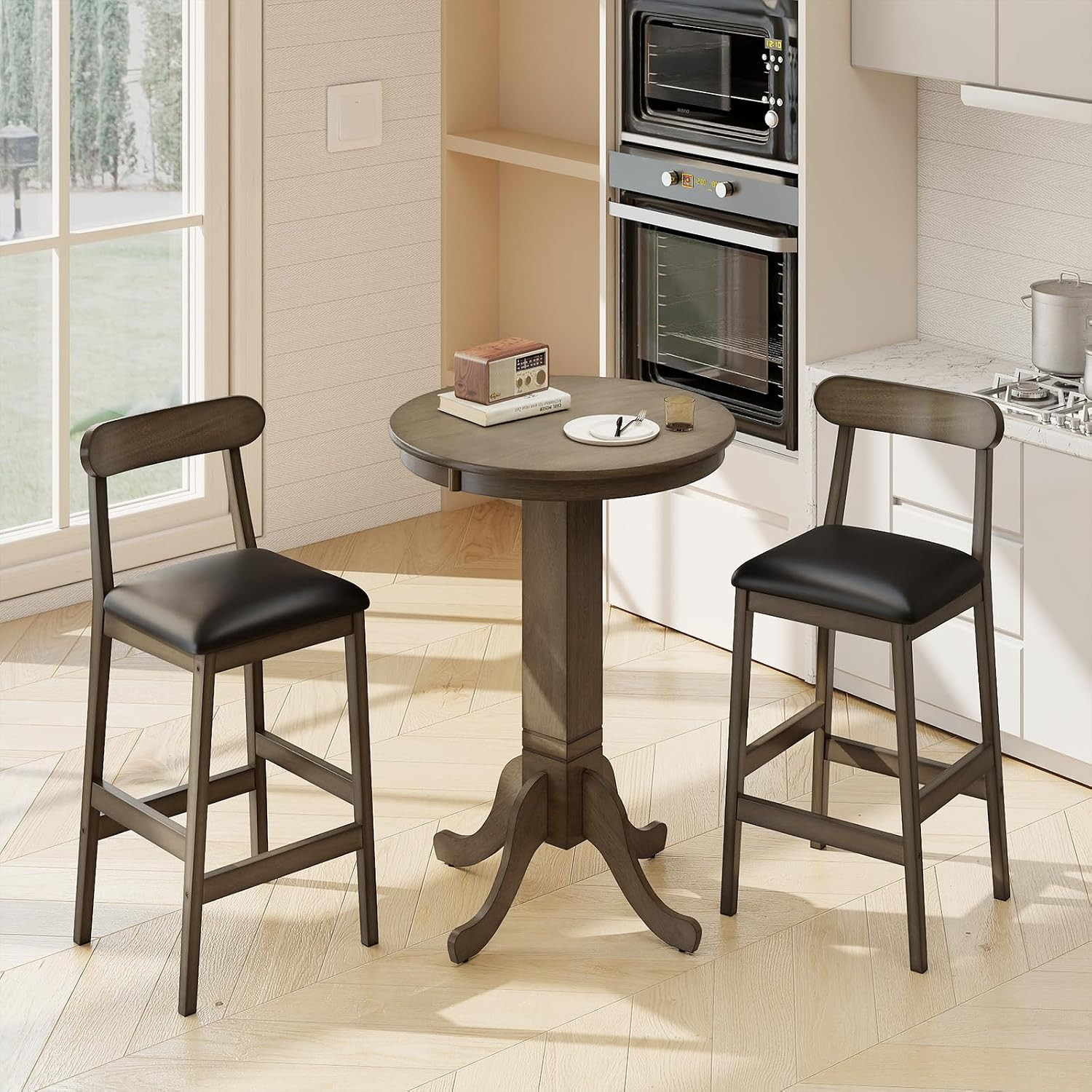 30” round Bar Table, Dining Table with Rubber Wood Frame, Elegant Base, 180 LBS