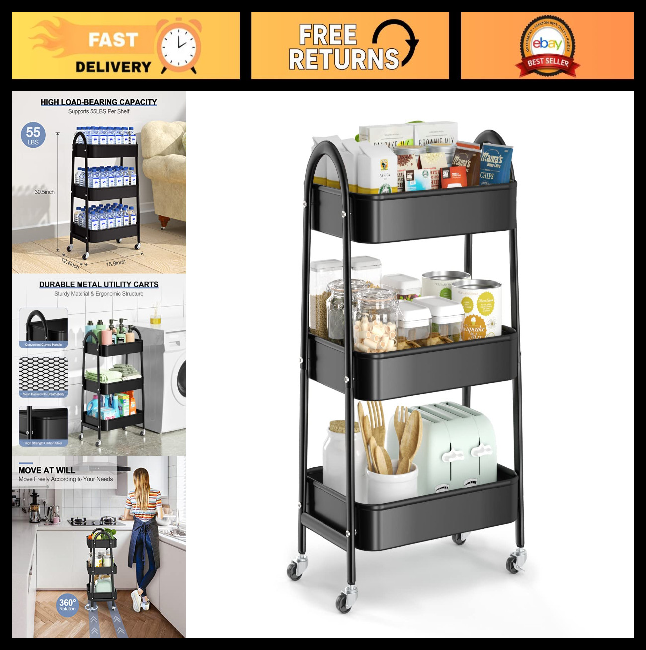 3 Tier Rolling Utility Cart - Metal Storage Trolley with Lockable Wheels, Organi