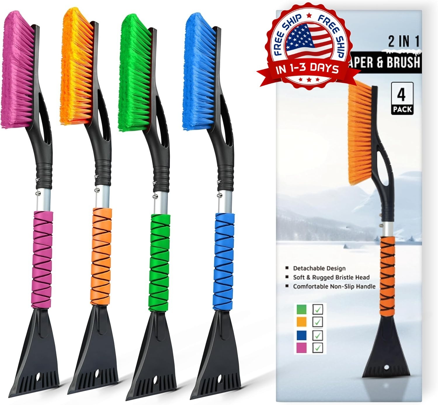 Paquete de 4 cepillos de nieve de aluminio de 27" con rascadores de hielo NEW U