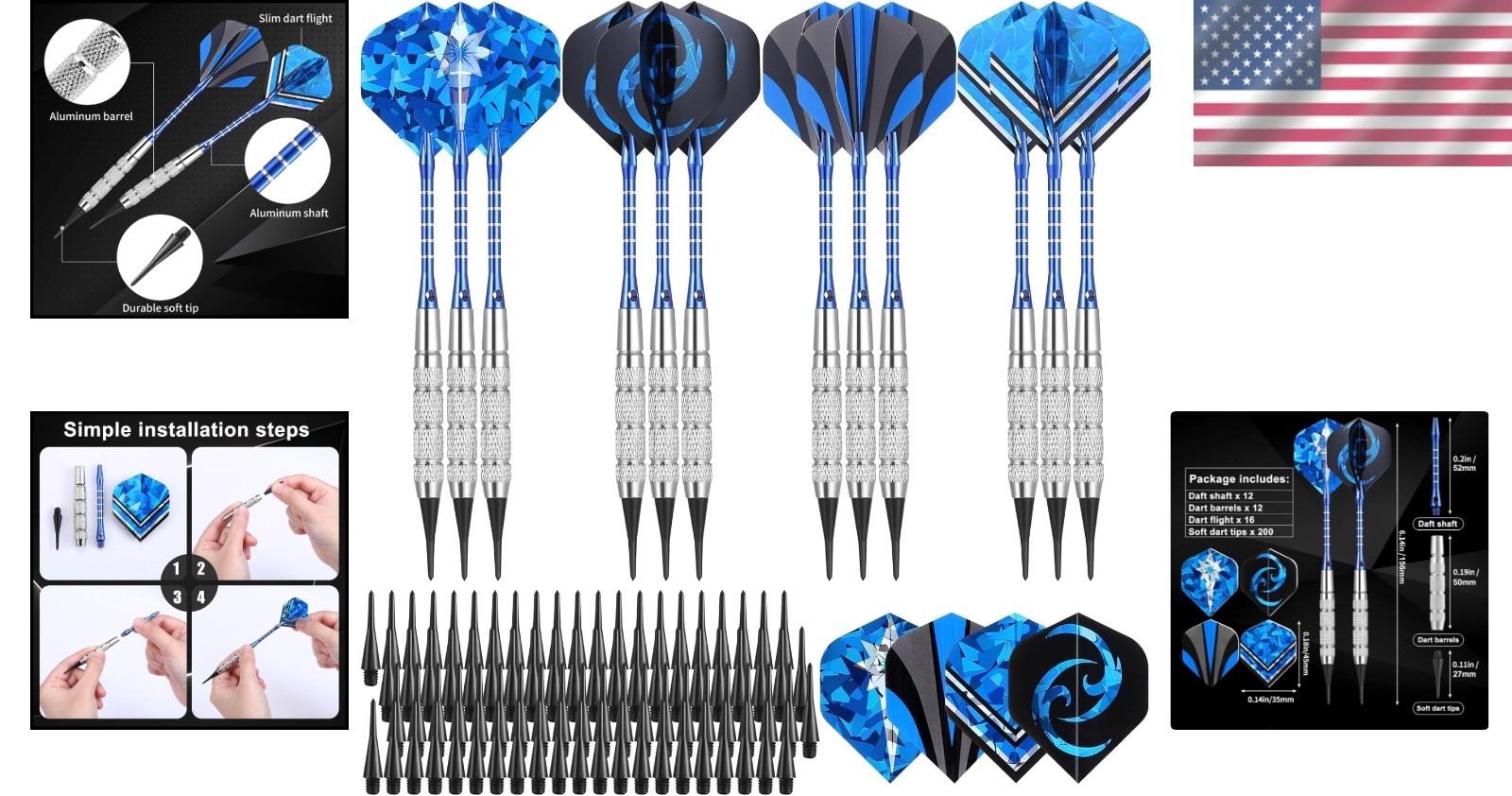 Professional Soft Tip Darts Set - 12 Darts, 16 Flights & 200 Plastic Tips