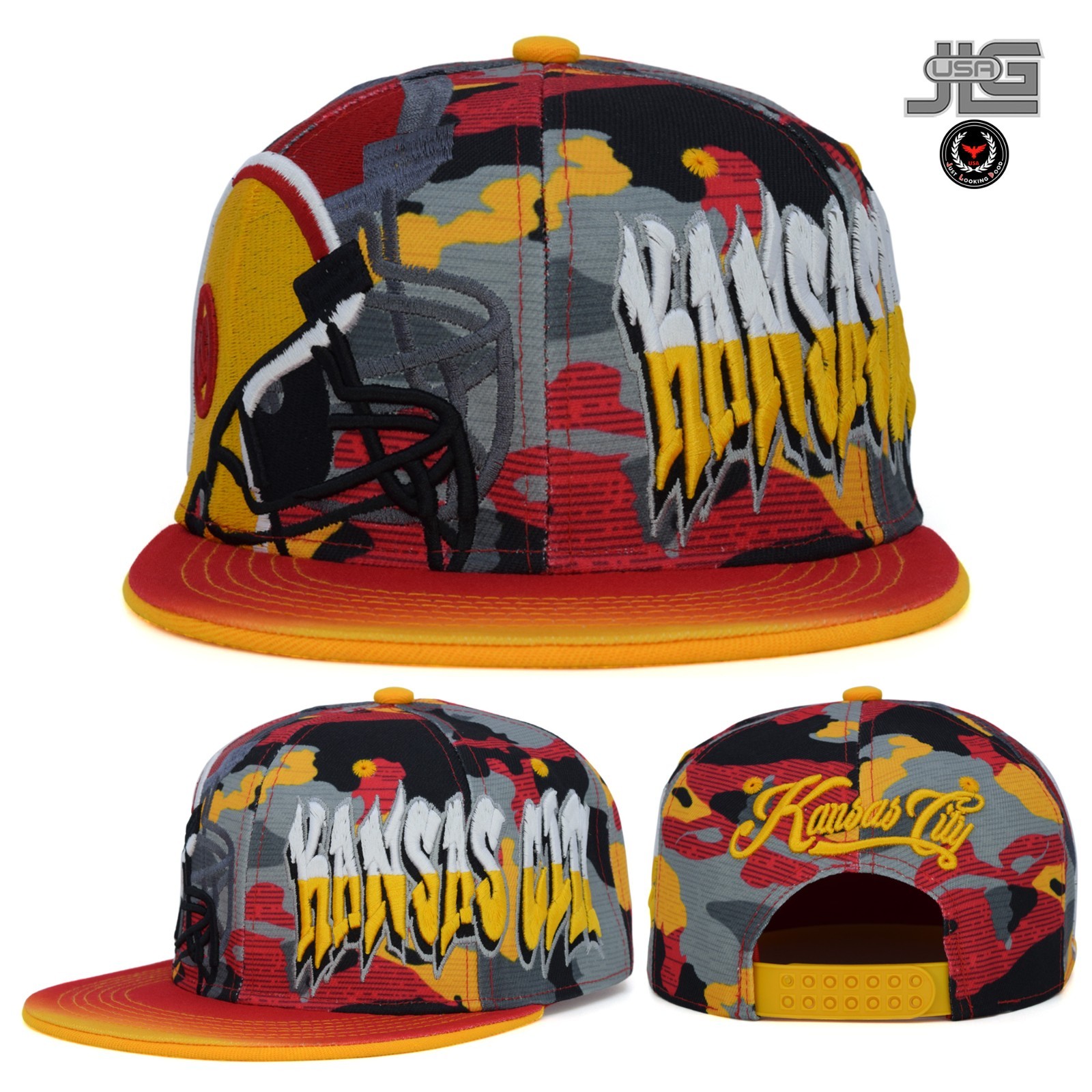 Kansas City New Graffiti Name Football KC Helmet Red Camo SnapBack Hat Cap
