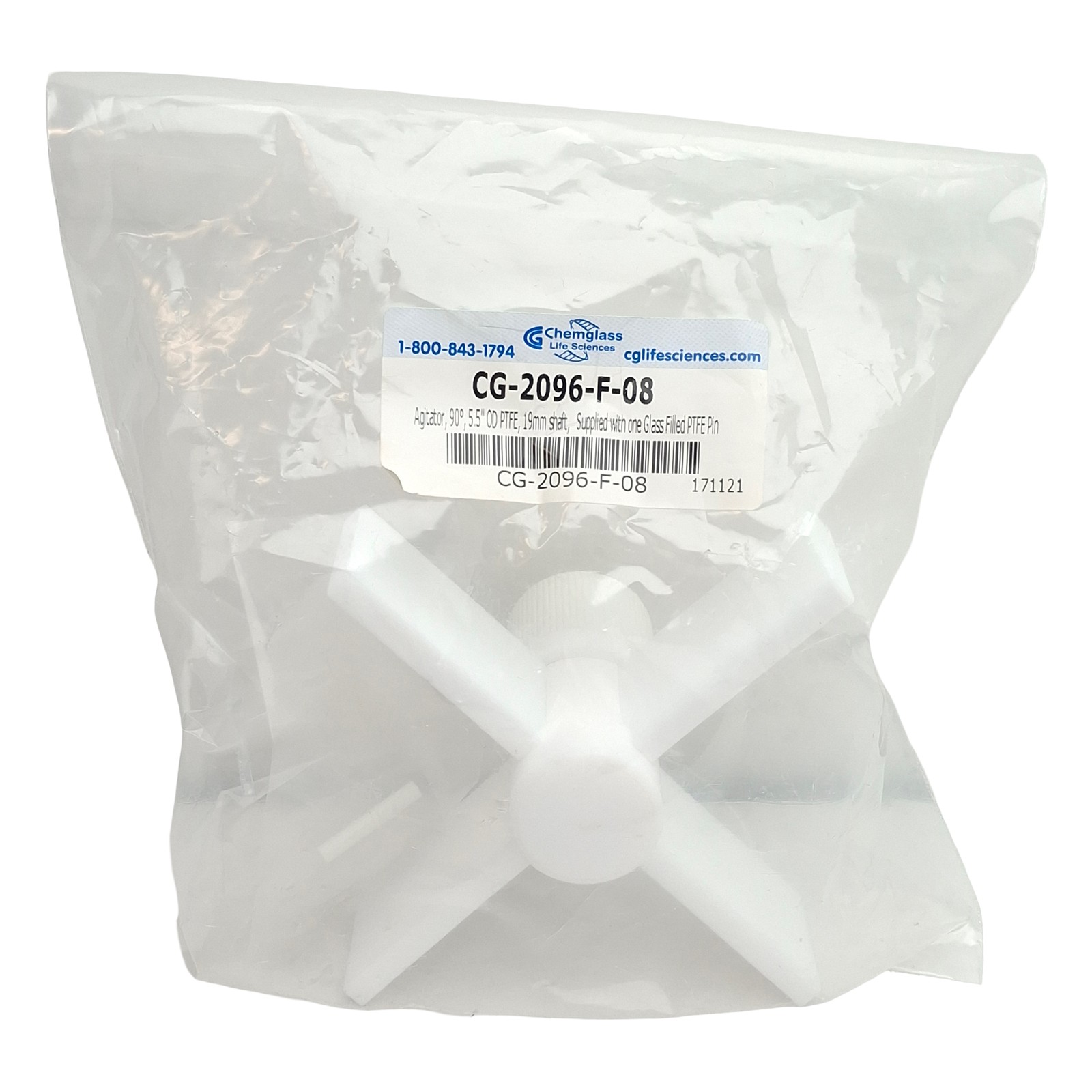Chemglass CG-2096-F-08 PTFE Agitator, 90°, ø5.5in OD, 19mm Shaft, *With Pin*