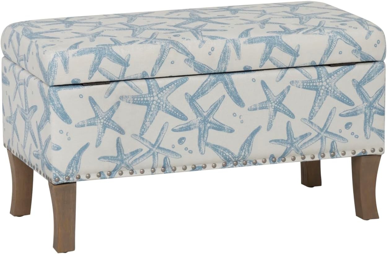 Stephanie Cream & Light Blue Starfish Fully Upholstered Bench W/ Hidden Interior