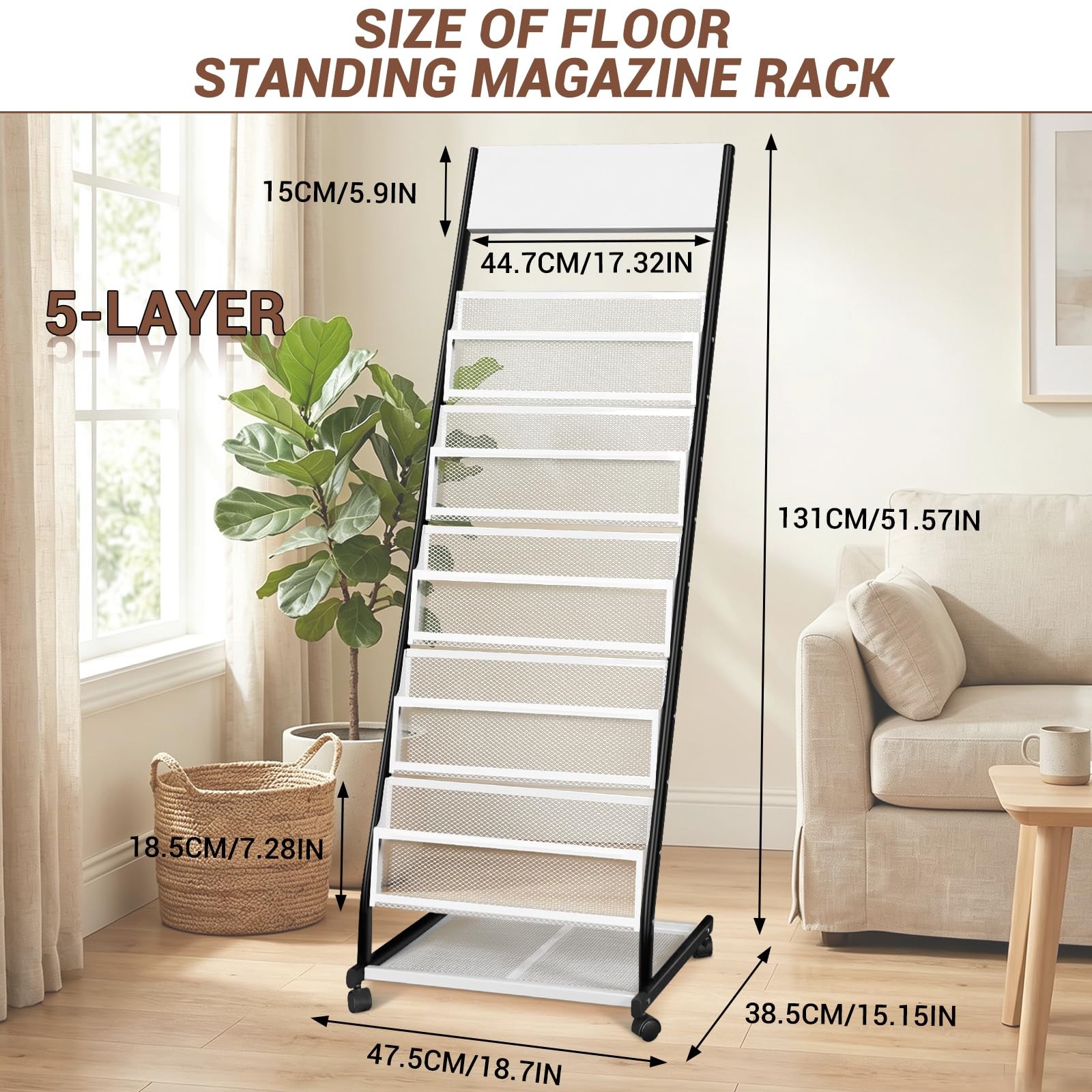 Xidihf Floor Standing Magazine Rack 5 Layer Wheels Brochure Display Stand Large