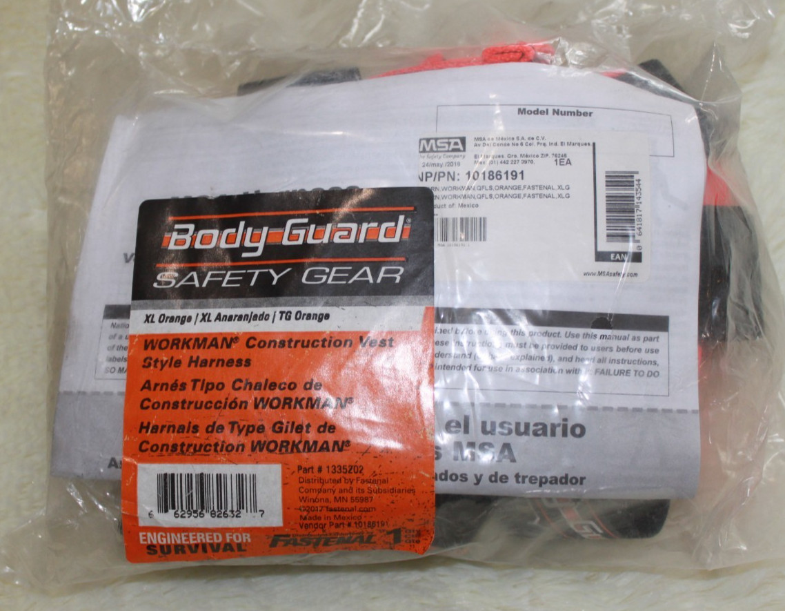 Fastenal Bodyguard Workman const. style harness, 1335202, MSA 10186191 XL Orange