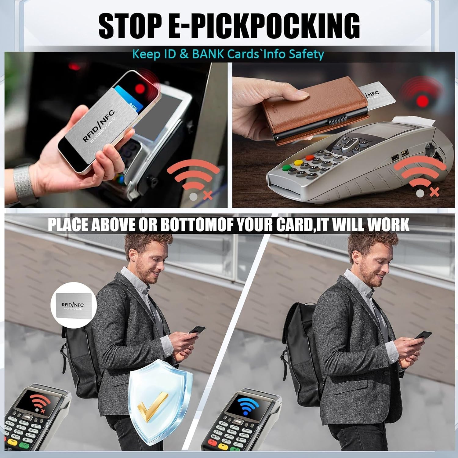 RFID Blocking Cards - NFC Credit Card Protector, Silver, 4 Pcs