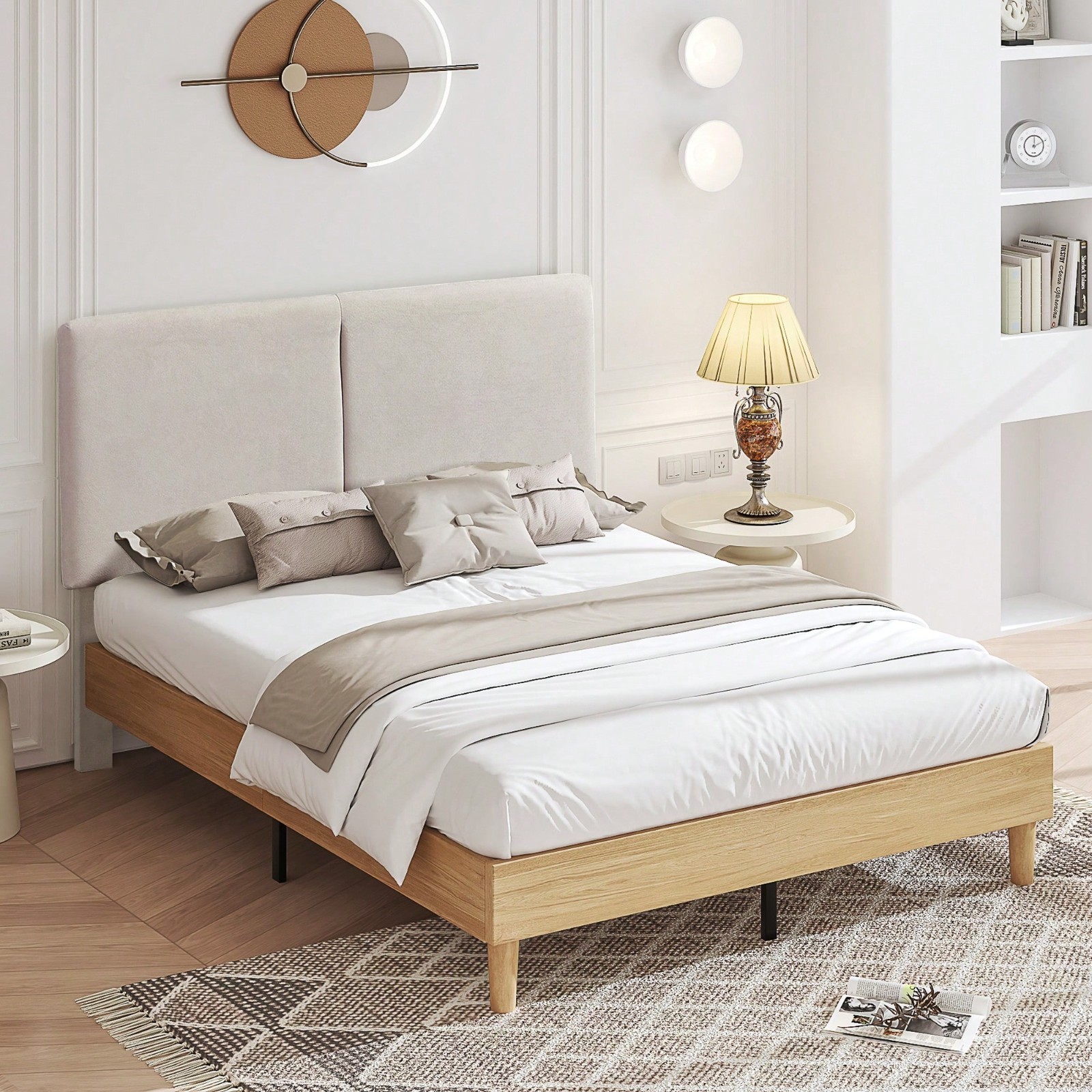Wood Platform Bed Frame Adjustable Upholstered Head Board Twin/Full/Queen