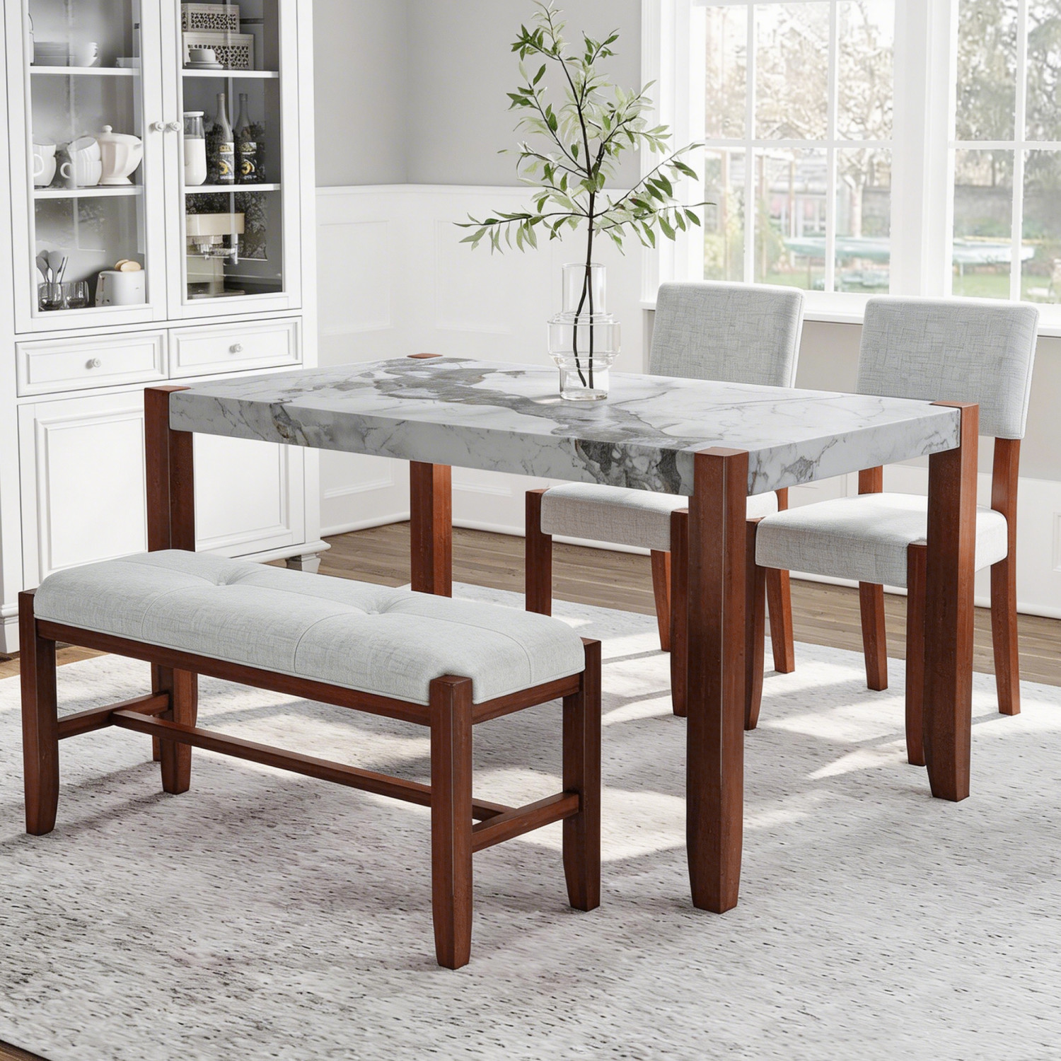 4-Piece Dining Set w/ Marble Table & Bench & 4 Padded Chairs – Solid Wood Legs