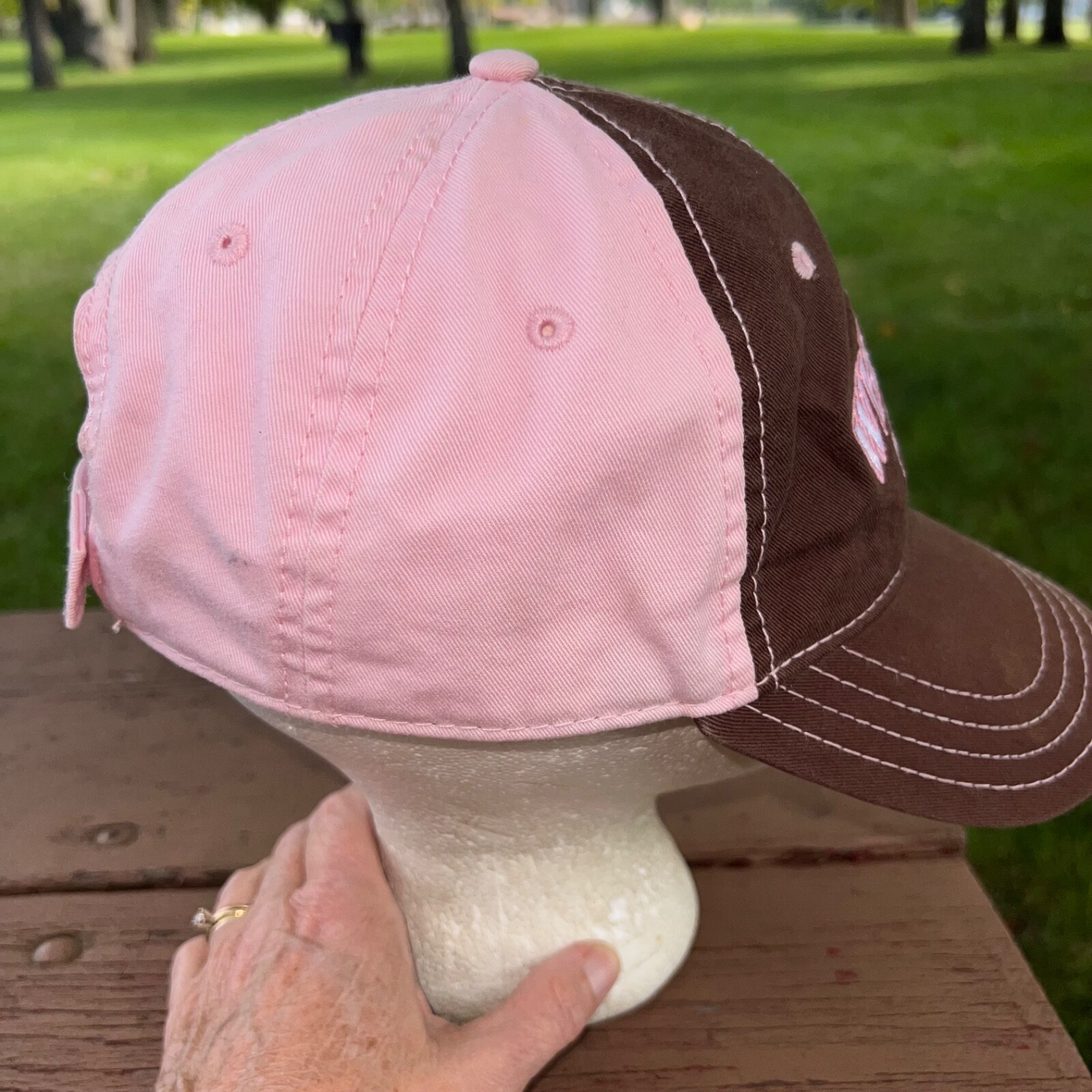 Whiteface Mountain Pink and Brown cotton Hat Cap Hook Loop VGC