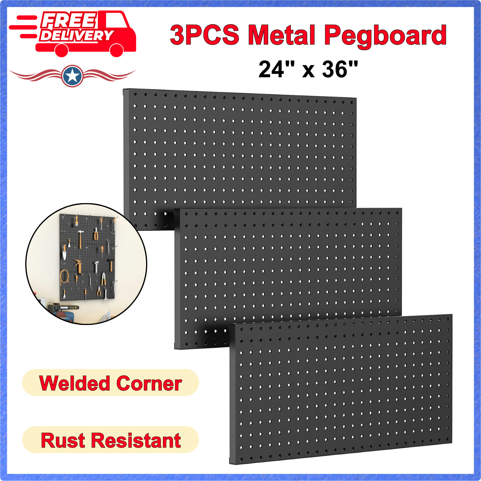 Metal Pegboard Panels 3 Pcs 24" x 12" Wall Organizer for Garage Tool Storage
