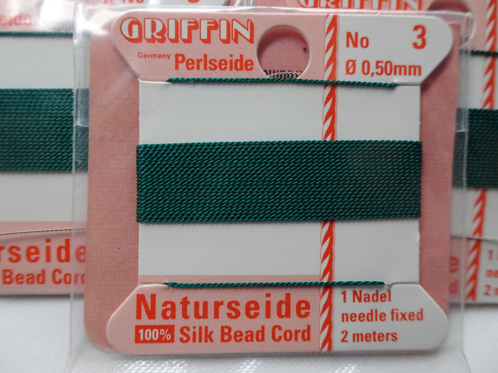Three Griffin Cards 100% Silk Thread Cords W/Needle Size 3 Green G101 DNG
