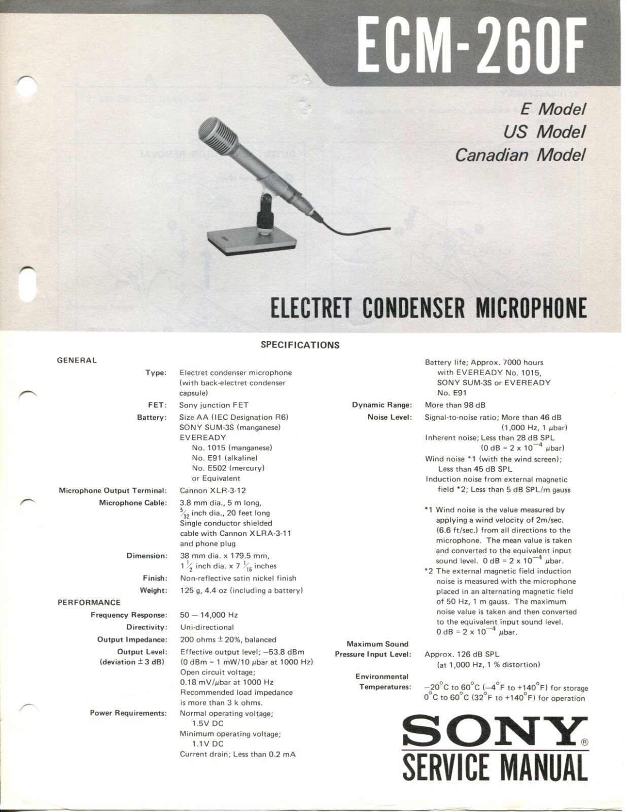 Sony Model ECM-260F Electret Condenser Microphone Service Manual