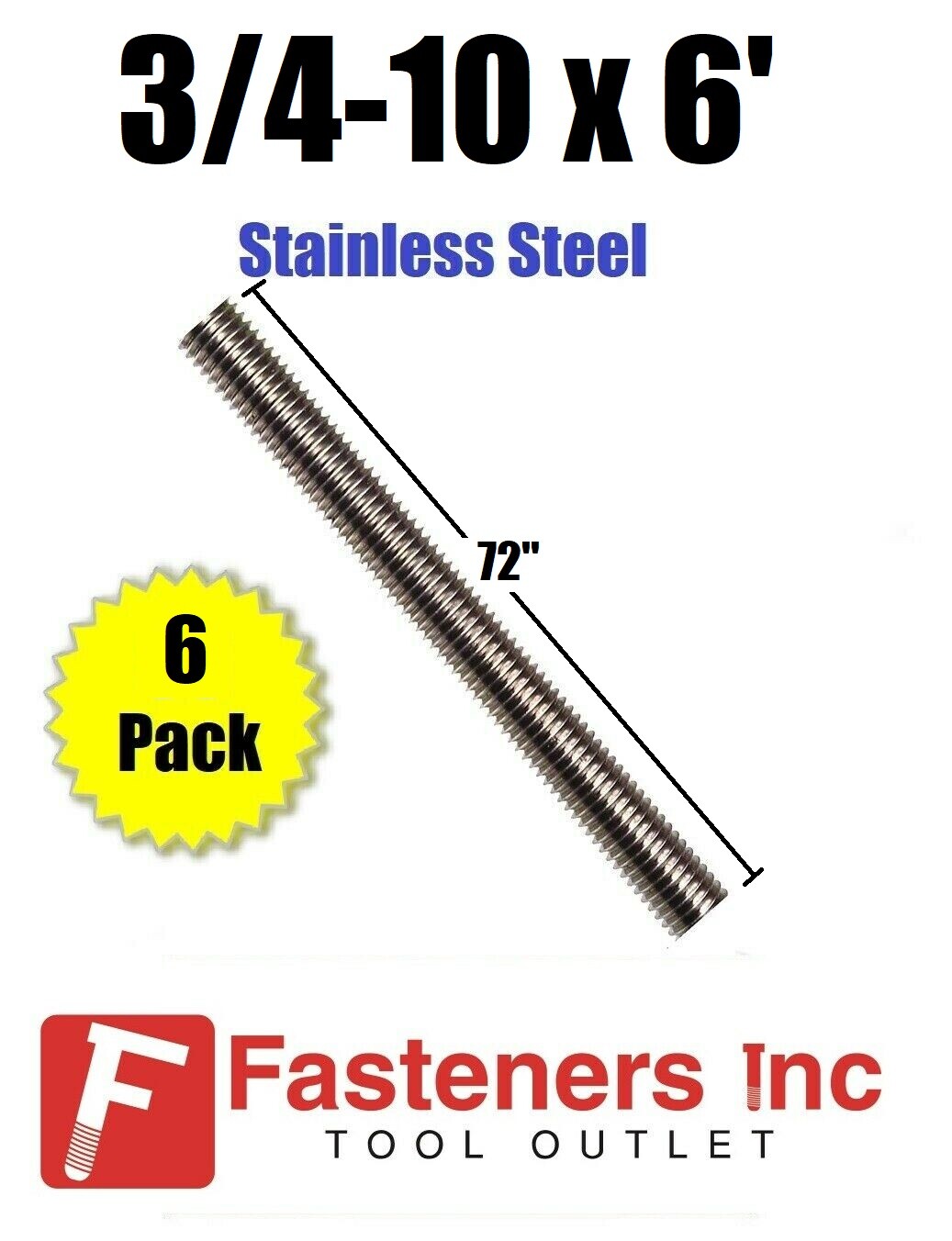(Bundle of 6 Sticks) 3/4-10 x 72" Stainless Steel Threaded Rod 304 All-Thread
