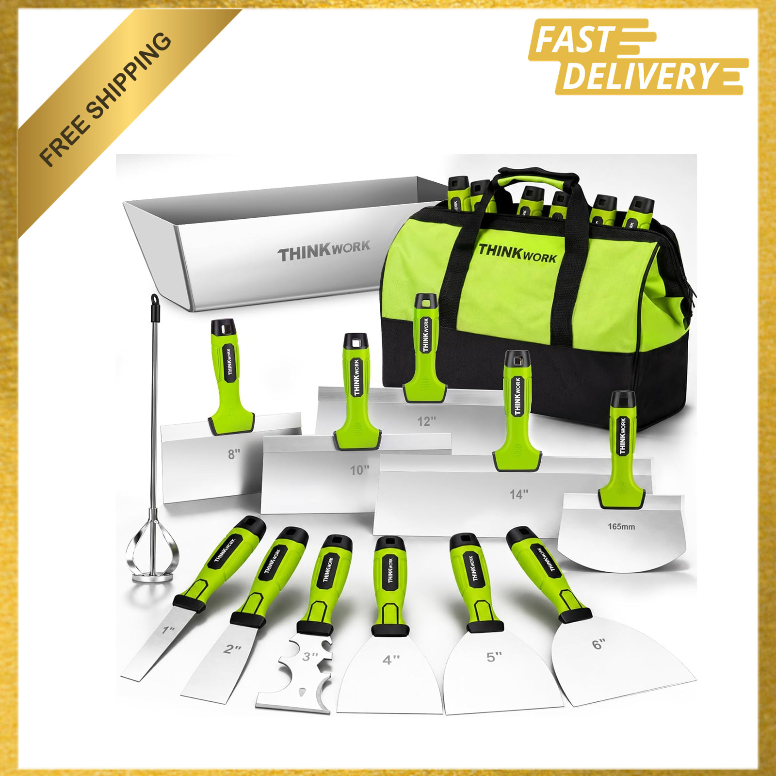 Drywall Hand Tool Kit 14PCS Stainless Steel Blades, Soft Grip Taping Finishing