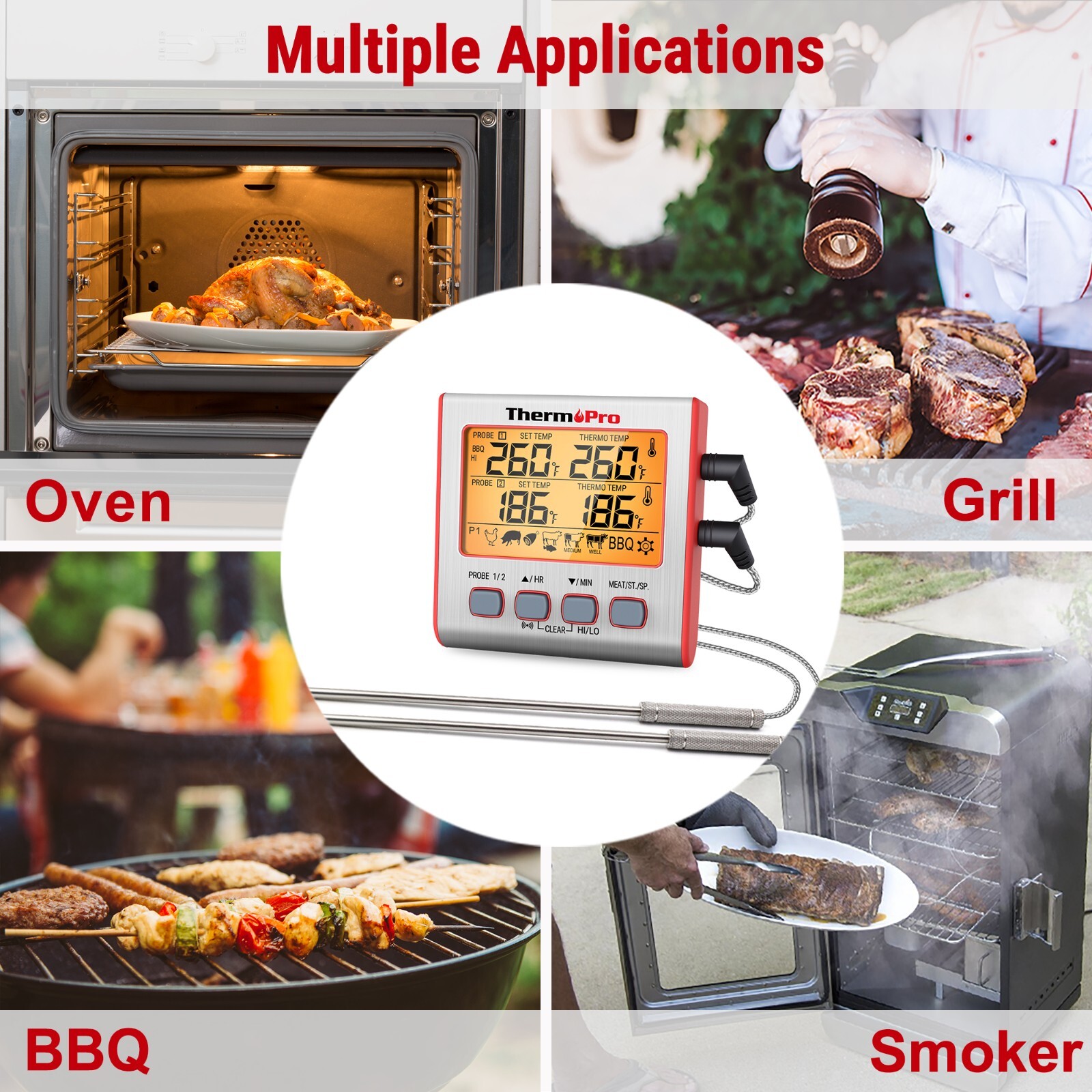 ThermoPro TP17W Thermometer Dual Probe Digital Cooking Grill Thermometer w/Timer