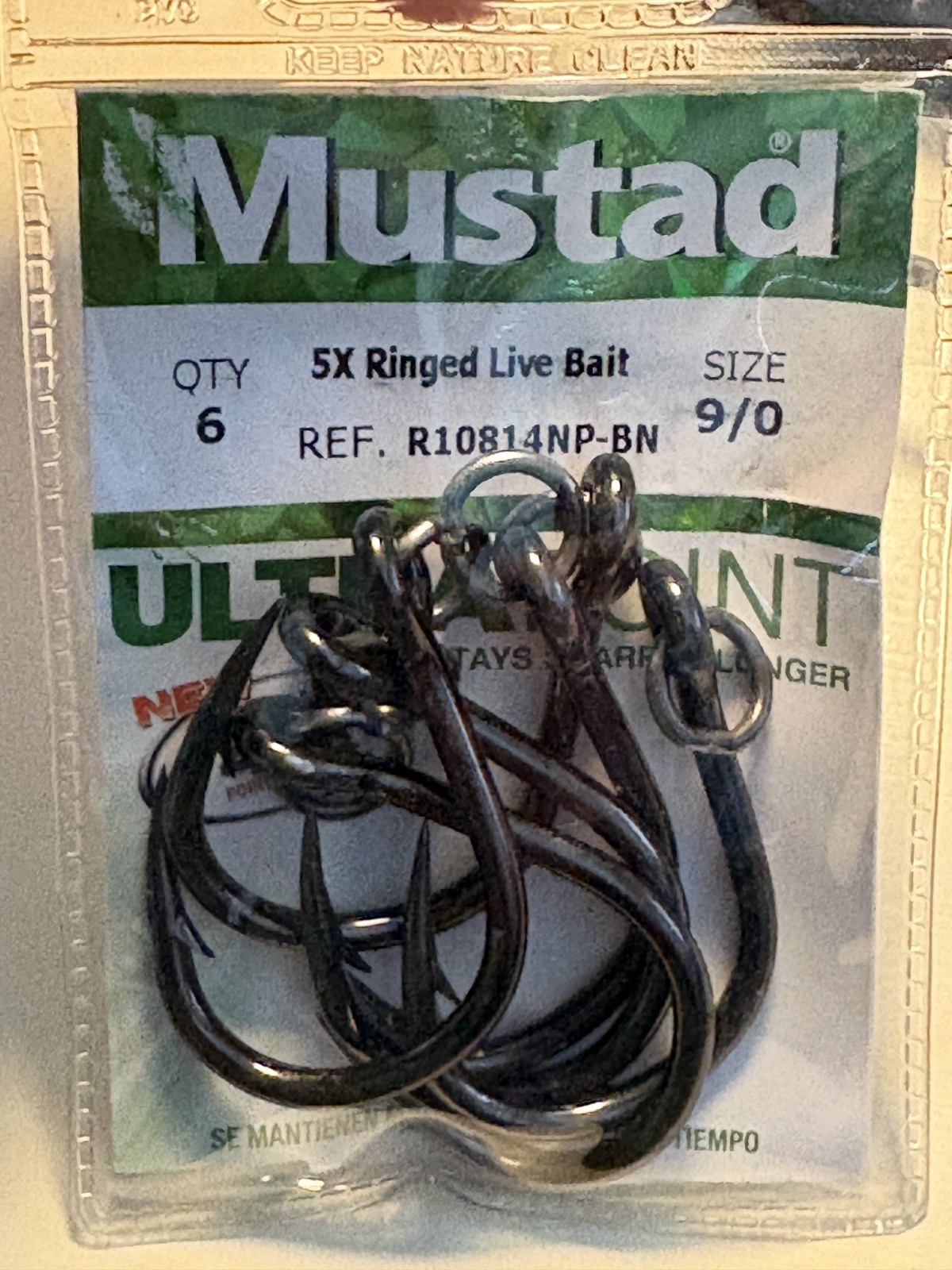 6 Pack Mustad R10814NPBN-90 Ringed Hoodlum 5X Strong Live Bait Hooks Size 9/0