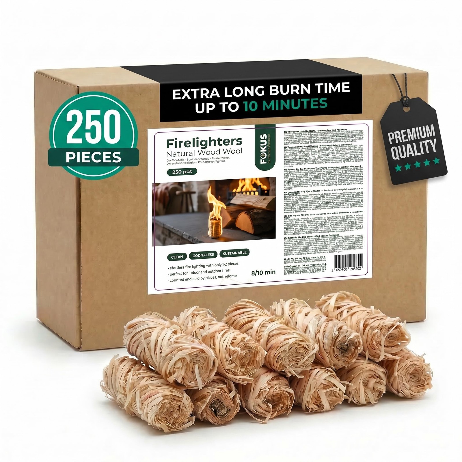 Horeca Natural Wood Wool Firelighters - 250 Pcs - Eco-Friendly Fire Starters ...