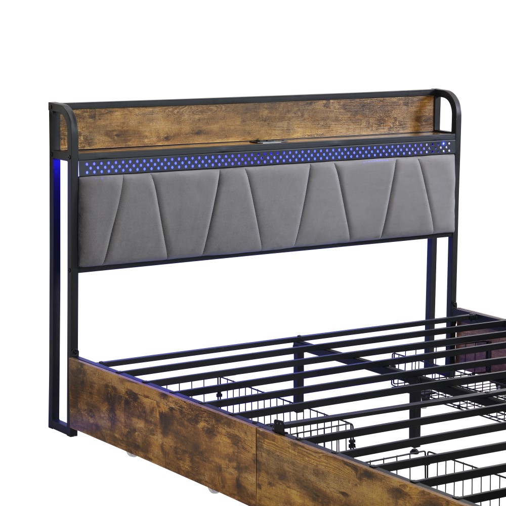 Bed Frame W Charging Station 4 Storage Drawers LED Lights